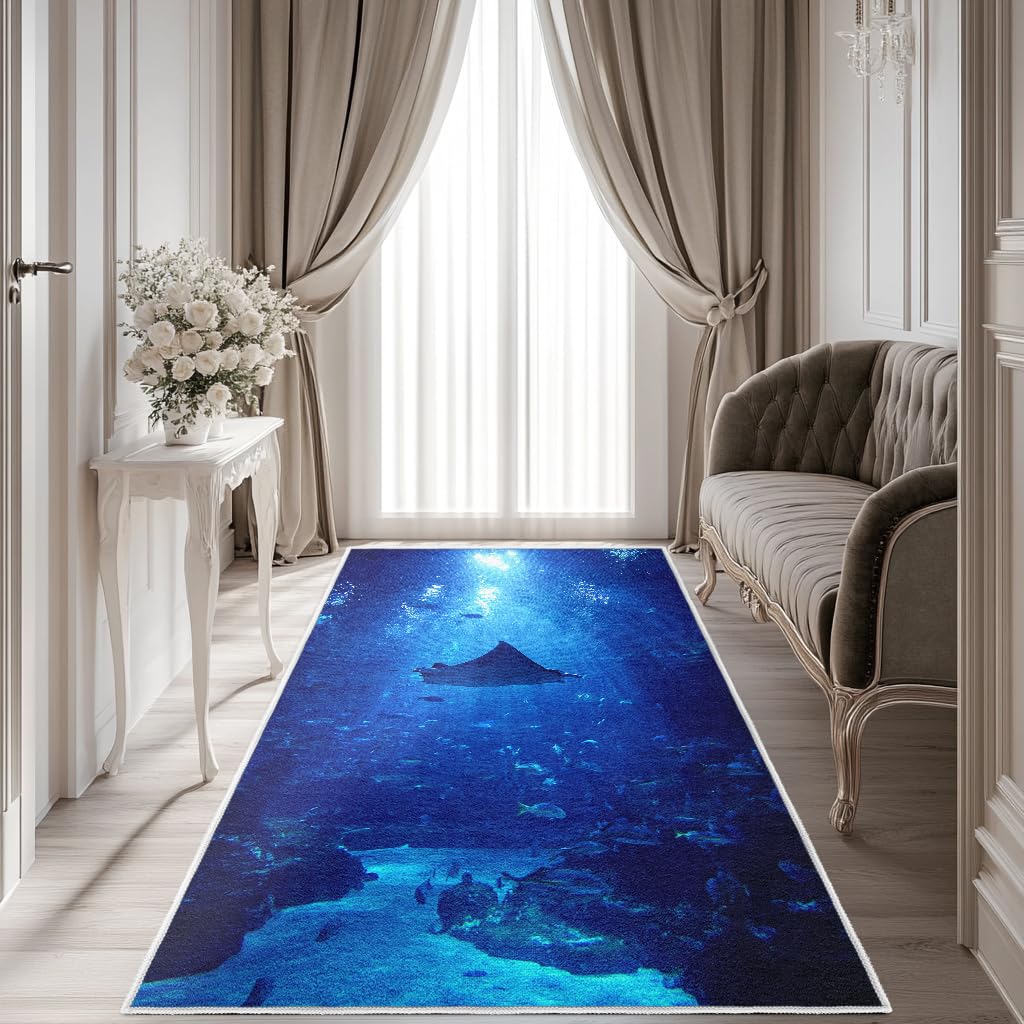 Generisch Unterwasserwelt Teppich Läufer 50x150, Meeresleben Teppiche rutschfest Kurzflor Waschbar Bettumrandung Schlafzimmer, Blau Meer Teppichläufer für Küche Flur Eingangsbereich