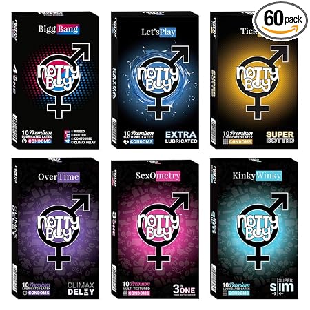 NOTTY BOY Honeymoon Condom Pack For Men (10 units, Pack of 6) | Climax Delay, Ribbed, Extra Dotted, Extra Thin, Extended Pleasure Lubricated Condoms