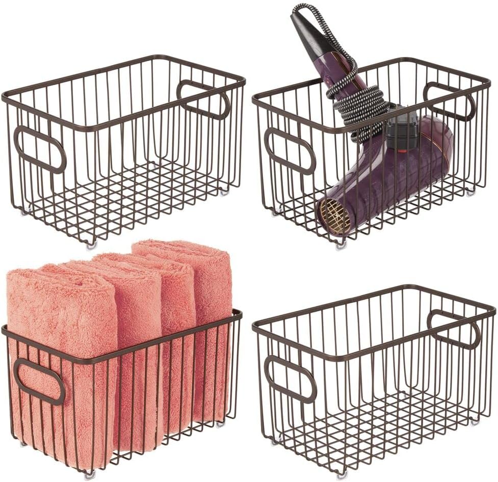 mDesign Metal Bathroom Storage Organizer Basket Bin - Modern Wire Grid Design - for Organization in Cabinets, Shelves, Closets, Vanity Countertops, Bedrooms, Under Sinks, 4 Pack - Bronze