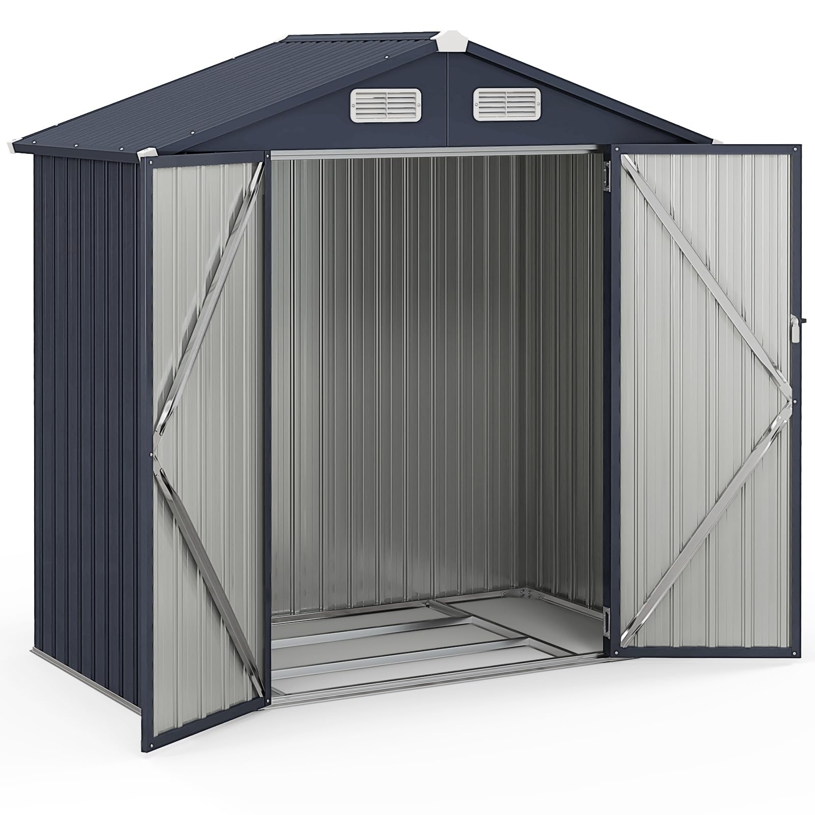 HOMASIS Gerätehaus Metall, Geräteschuppen mit Satteldach, 193x108x196cm, 3,44 m³, Gartenhaus mit 2 Tür & 2 Handschuhen & 4 Lüftungsfenster & Boden, Gartenschuppen Gartenhütte Outdoor wetterfest, Grau