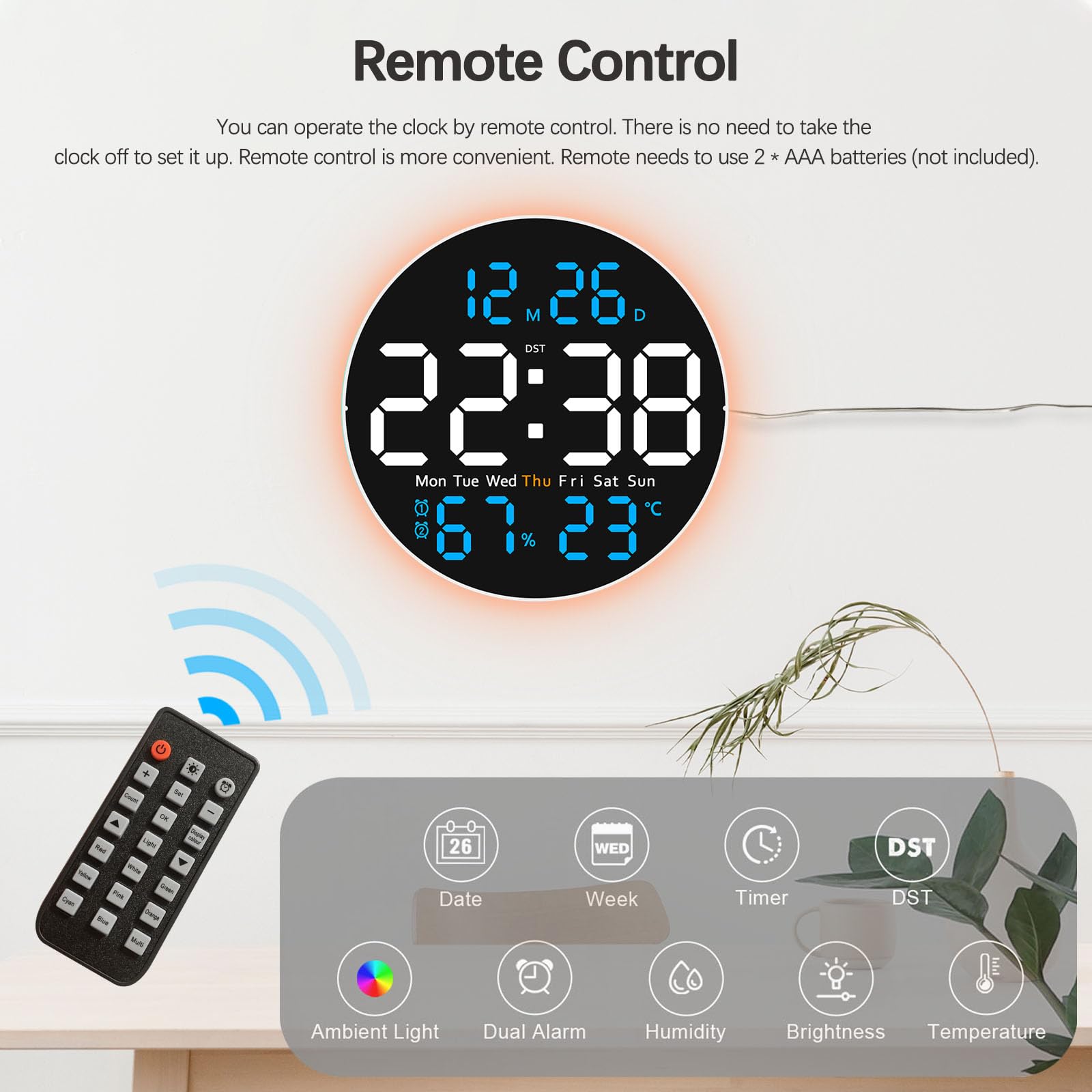 JoFomp Grande horloge murale numérique de 25,4 cm avec télécommande, écran LED, réveil numérique enfichable, luminosité automatique, DST, température, humidité, applicable à la salle de classe