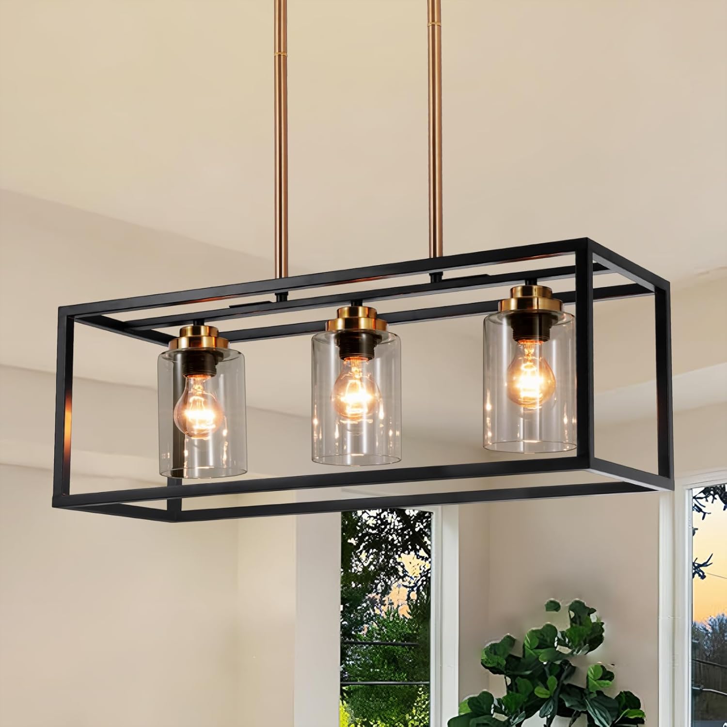 Black Farmhouse Kitchen Island Lighting, Modern Industrial Chandelier, 3-Light Linear Rectangular Pendant Light Fixtures for Farmhouse Kitchen Dining Room Bar Foyer(Metal, Height Adjustable)