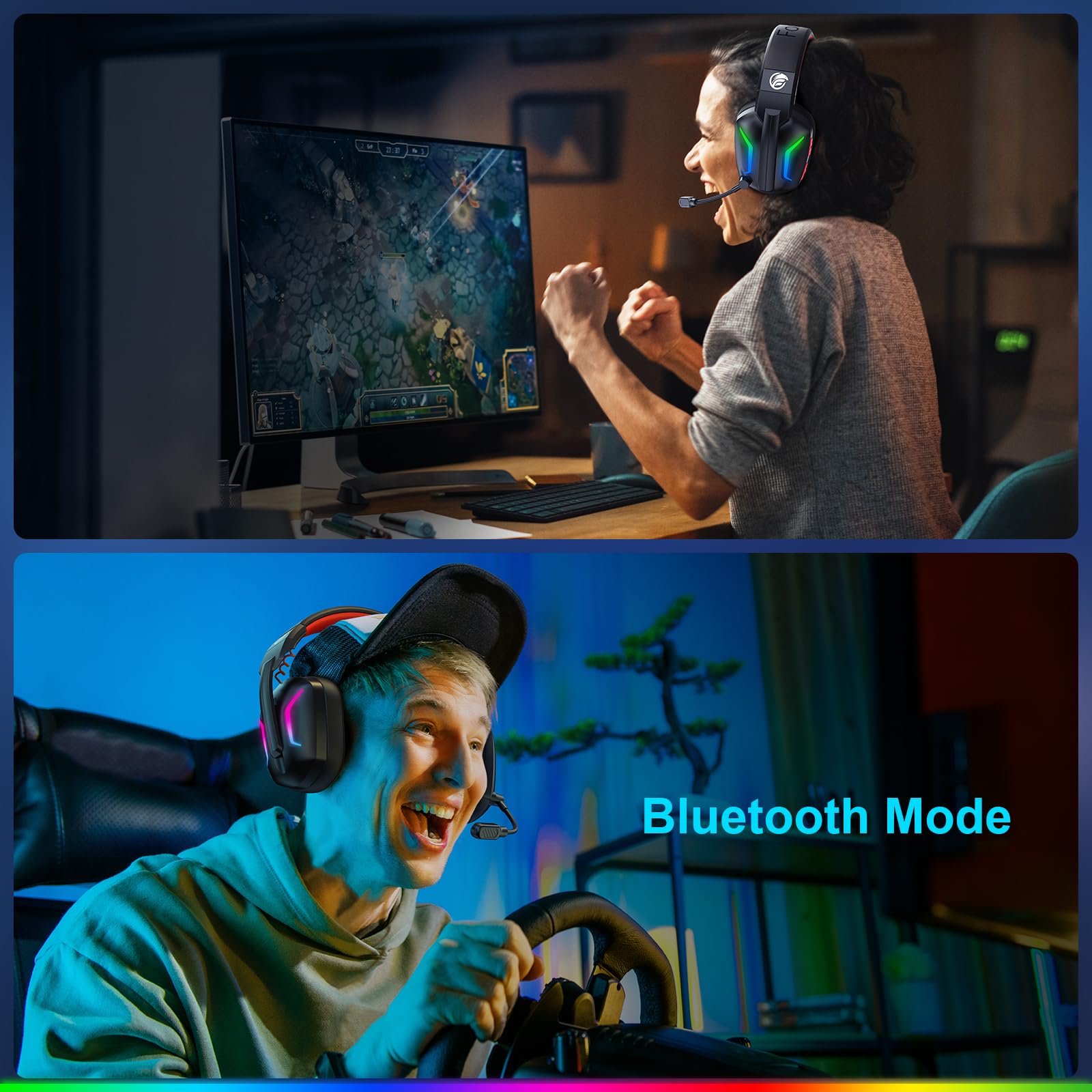 Fachixy FC300 Cuffie Gaming Wireless Per PC, PS5, PS4, Mac - 2,4 GHz e Bluetooth senza perdite - 50 ore di batteria, driver da 50 mm, luci RGB, audio spaziale, Nero-Rosso
