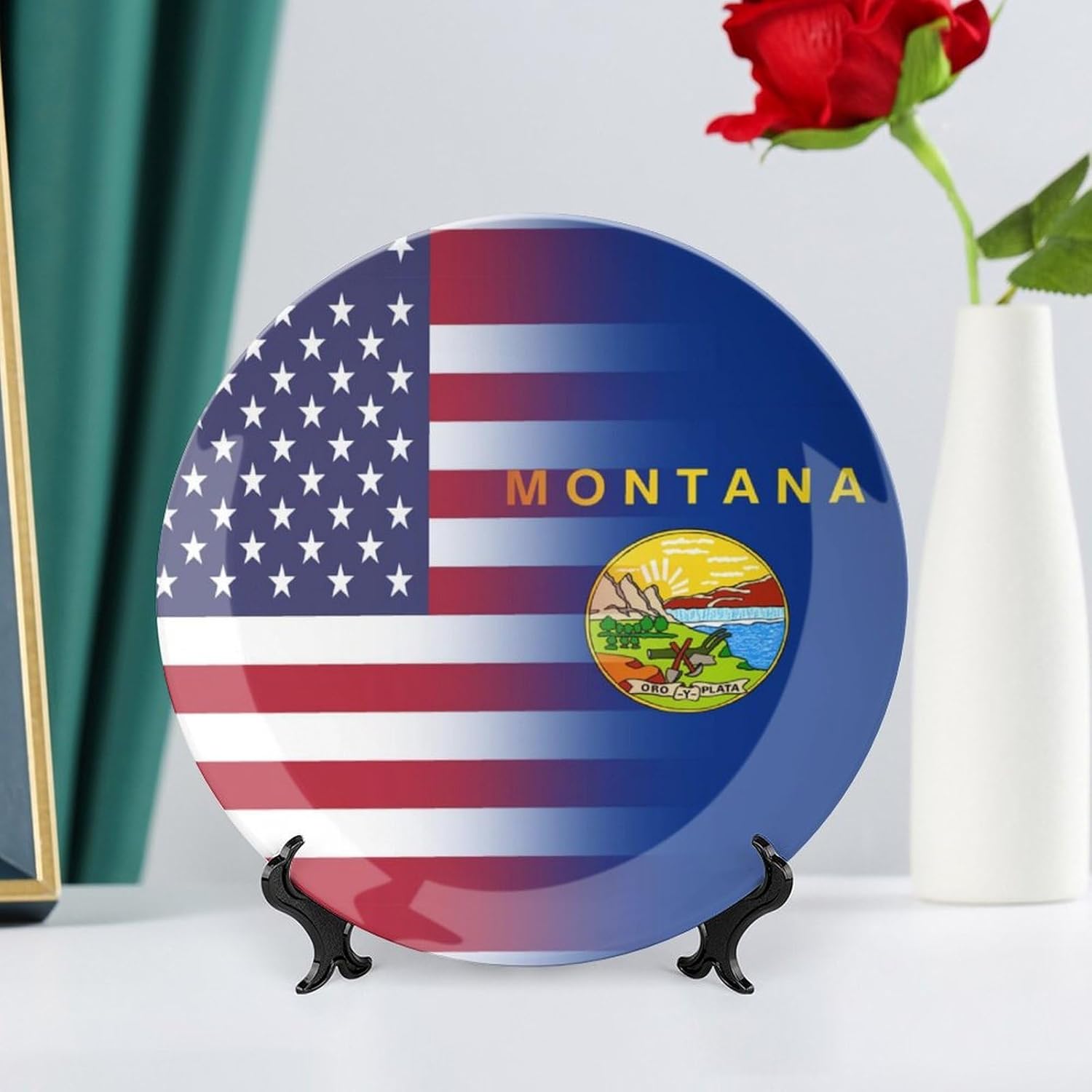US & Montana1 State Flag Printed Decorative Plate with Display Stand Handmade Ceramic Ornament Hanging Wall Decor for Foyer Home Office