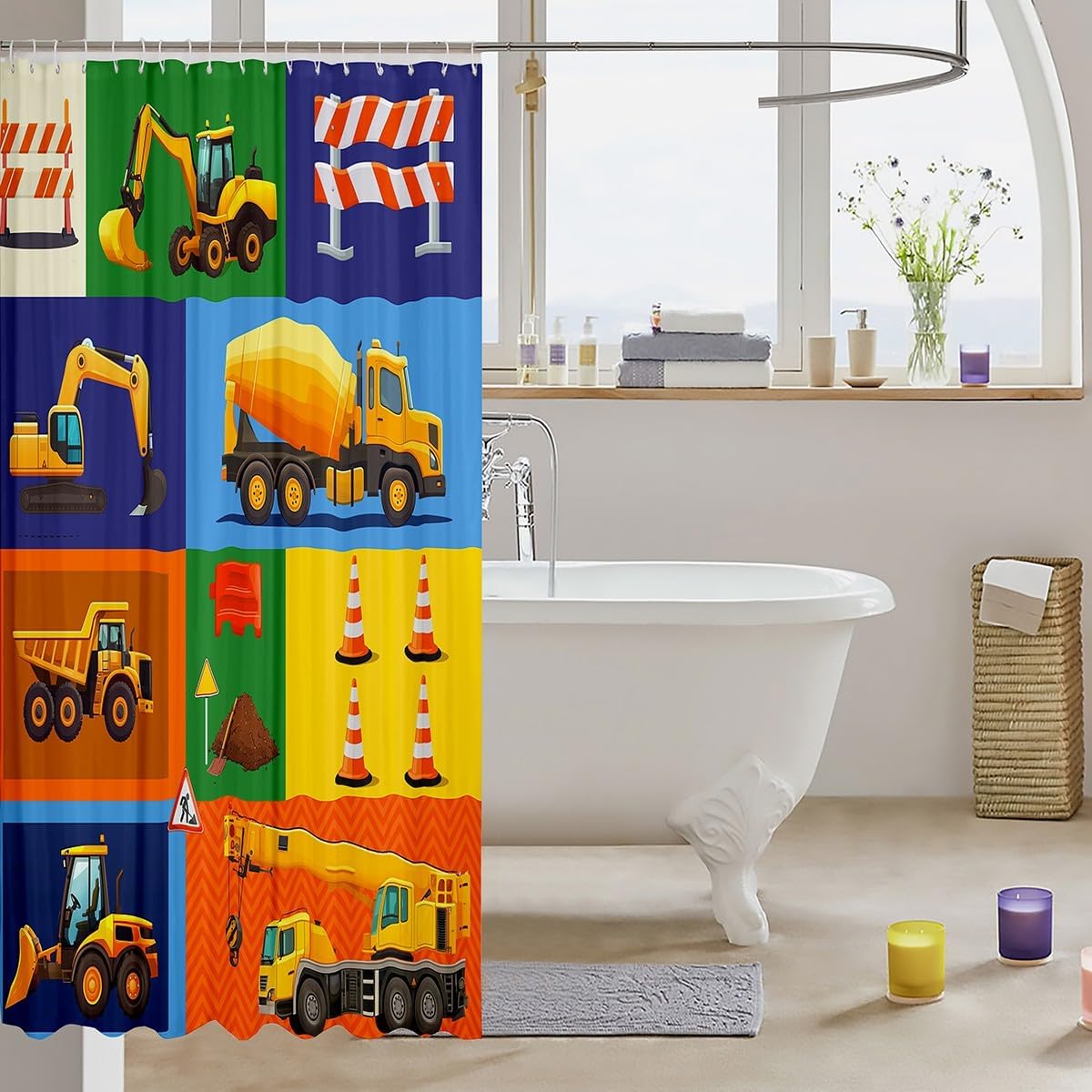 Cartoon Car Boys Shower Curtain Excavator Tractor Truck Bathroom Curtain Kids Teens Bathtub Decor Construction Vehicles Waterproof Curtain Colorful Patchwork Plaid Bath Curtain,12 Hooks,72"Wx84"L