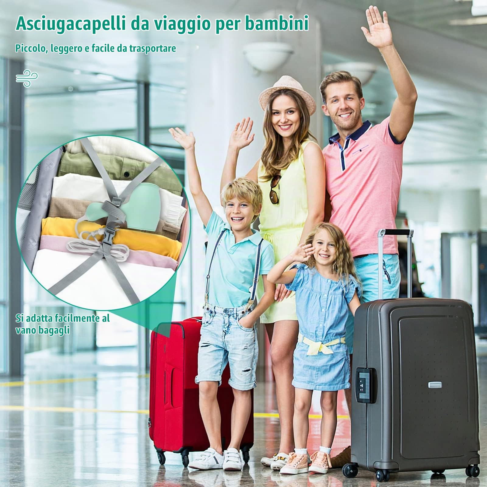 Lotvic Fon per Bambini, Mini Asciugacapelli Portatile da Viaggio per Ragazze, 3 Impostazioni di Velocità, Caldo e Freddo a 550W - Verde