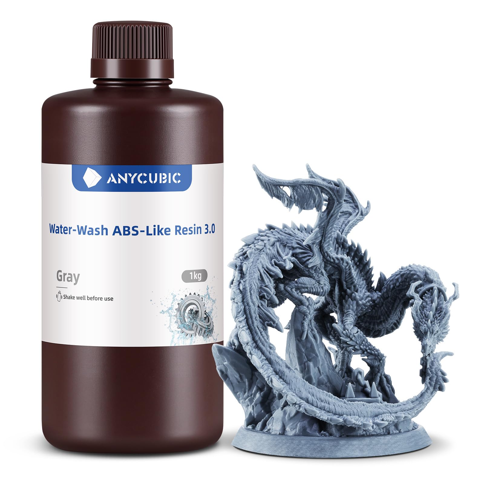ANYCUBIC Résine ABS-Like Lavable à l'eau 3.0, Résine pour Imprimante 3D à Haute Résistance et Ténacité, Faible Odeur, Résine aux UV à 405 nm pour Toutes les Imprimantes 3D Résine, Gris 1000g