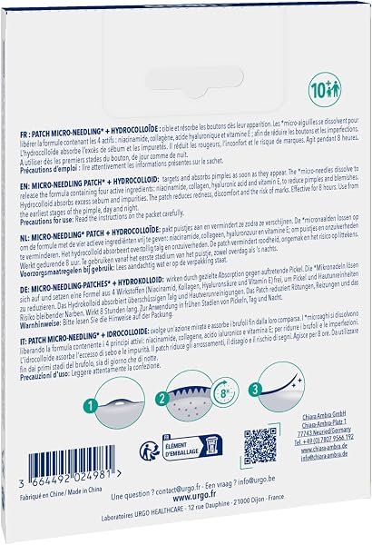 Urgo - Hydrocolloid patch - Micro-needling - Acne-prone skin - Collagen Niacinamide Hyaluronic Acid Vitamin E - Targets and resorbs the pimple - 9 Patches - Yuka rating: 93/100 - 2