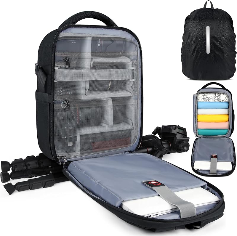 Camera Backpack for DSLR SLR Mirrorless Cameras - Professional 14 Inch Laptop Compartment Waterproof Photography Bag with Tripod Holder & Rain Cover for Travel & Hiking, Black