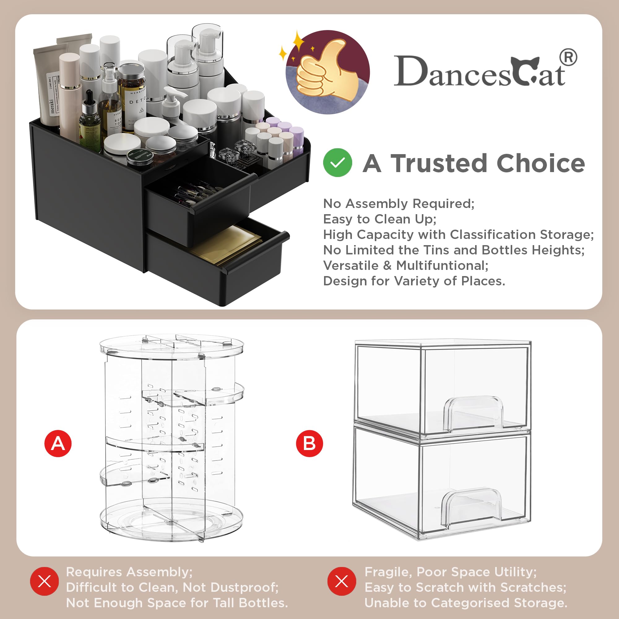 DancesCat Organizzatore per Trucco con Cassetti, Portacosmetici Grande Capacità per Rossetti, Gioielli, Cura Unghie, Prodotti per la Pelle - Organizzatore per Toeletta, Ideale per il Bagno