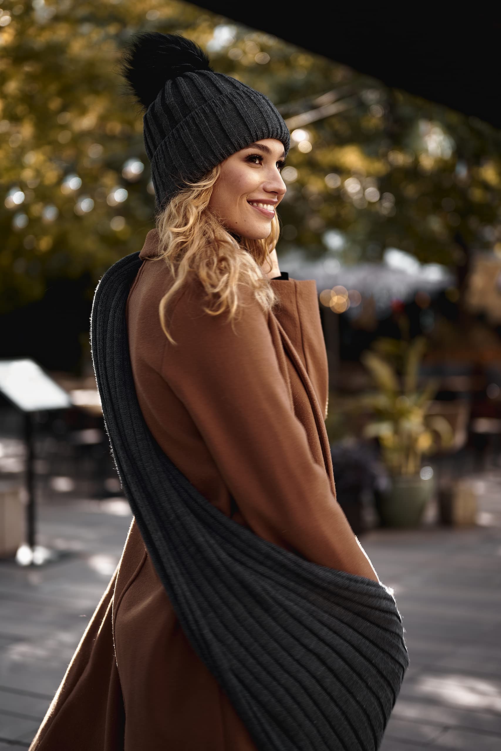 ELIMELI Gorro de cachemira para mujer, de invierno, cálido, gorro de lana con cachemira, gorro de invierno con pompón de piel sintética, gorro de punto para mujer, para invierno, gorro de pompón,