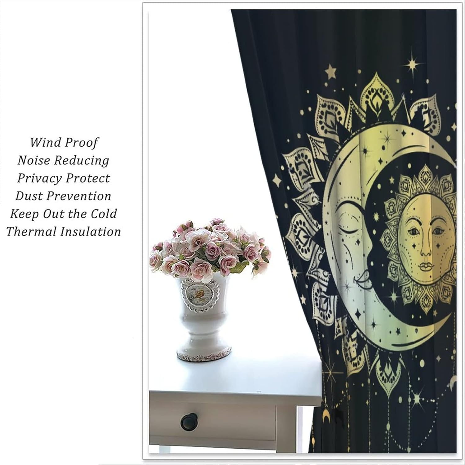 Sun and Moon Blackout Curtains Hippie Bohemian Curtains for Bedroom Living Room Boho Indian Tribal Thermal Insulated Window Drapes Trippy Astrology Curtains 42"X 45"