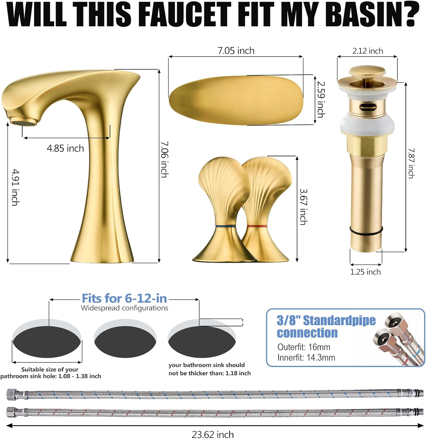 Brushed Gold Bathroom Faucet 3 Hole, 8 Inch Widespread Bathroom Sink Faucet for Vanity, 2 Handle Bathroom Faucets, Bathroom Vanity Faucet with Pop-Up Drain and Supply Hoses