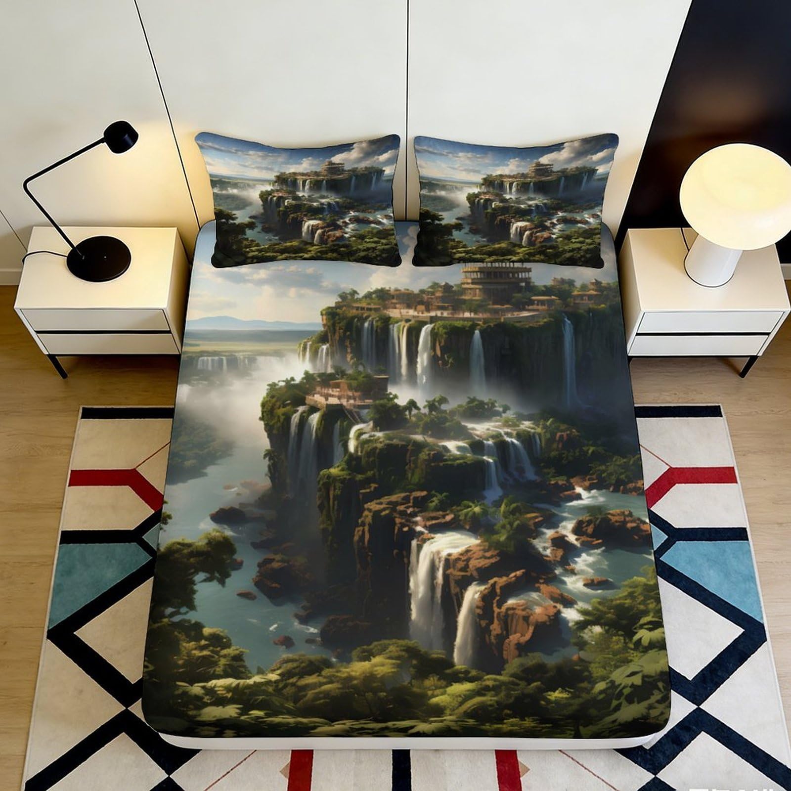 3D Printed Waterfall Landscape Fitted Sheet Microfiber Soft Durable Mountain View Bed Cover for Bedroom Dormitory Guest Room Mattress Protection Decor 140x200x25cm