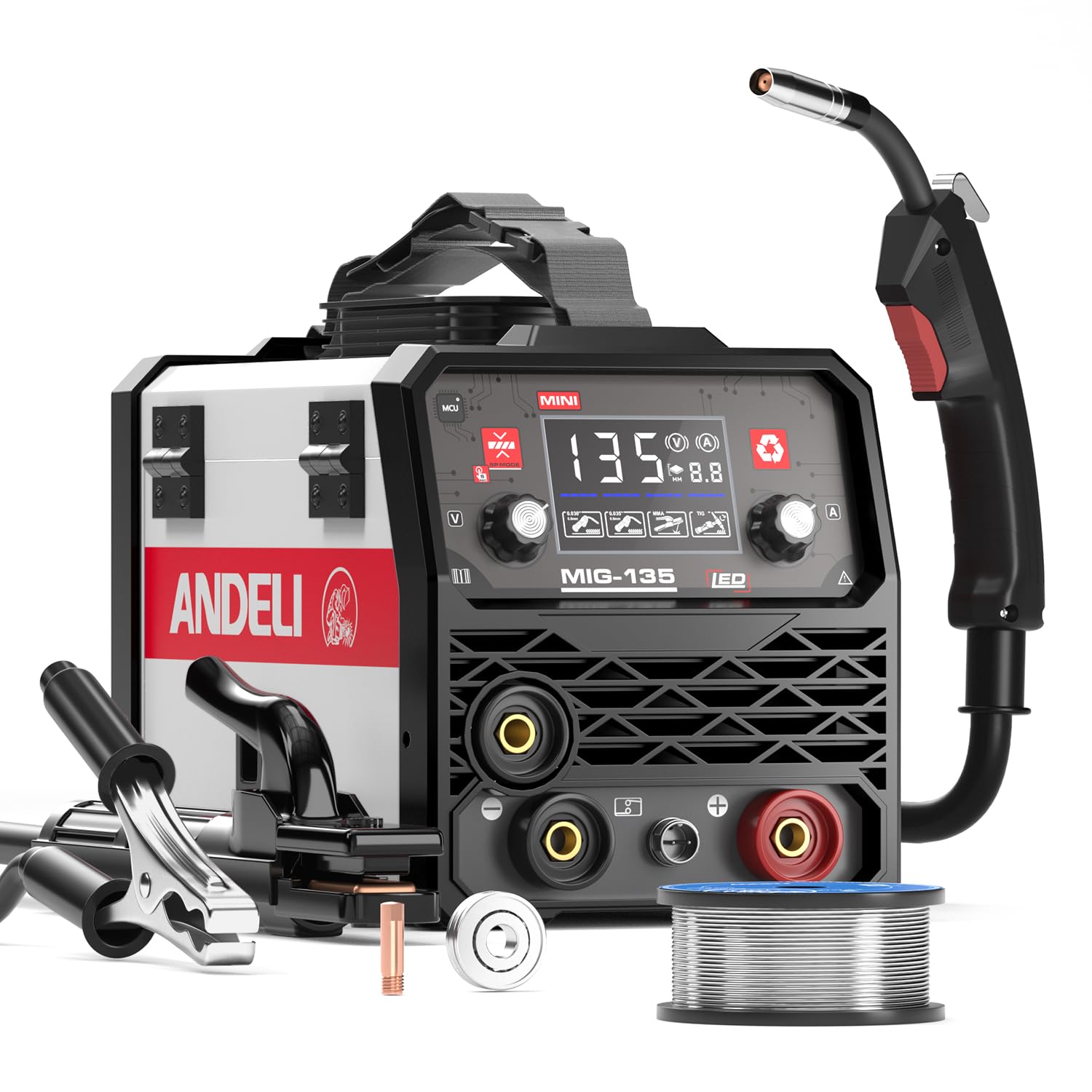 ANDELI Soldador MIG de 135 amperios, 110 V/220 V de doble voltaje, soldador portátil sin gas, flujo MIG/Lift Tig/Stick, soldador multiproceso 3 en 1, máquina de soldadura LED con pantalla digital