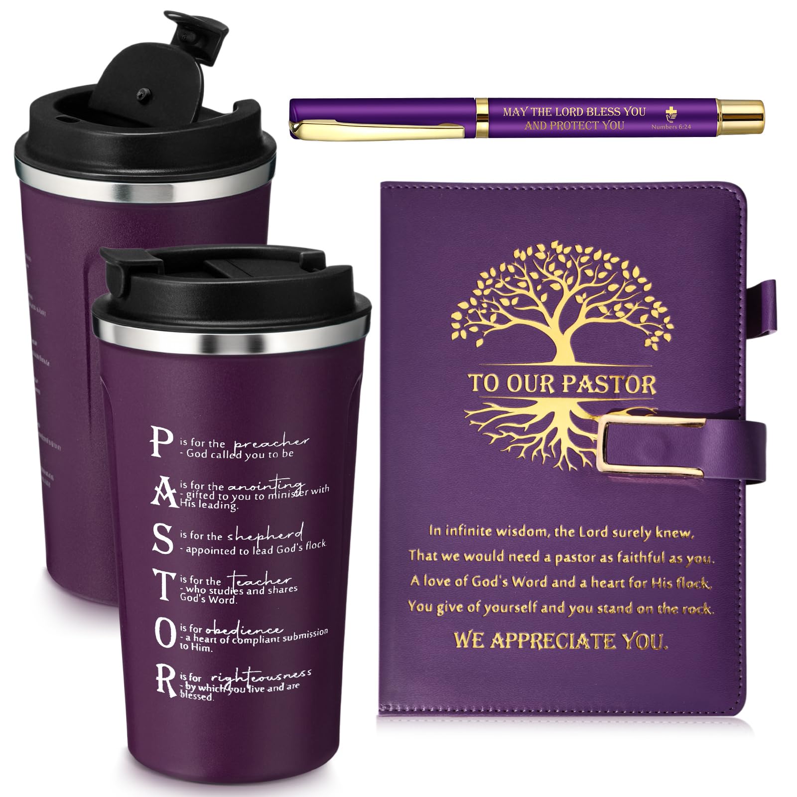 Set mit 3 Pastoren-Wertschätzungsgeschenken – Edelstahlbecher, A5, Tagebuch, inspirierender Kugelschreiber für Pastor, Mann, Ruhestand, Jahrestag, Geburtstag, Geschenk (Roman, Violett)