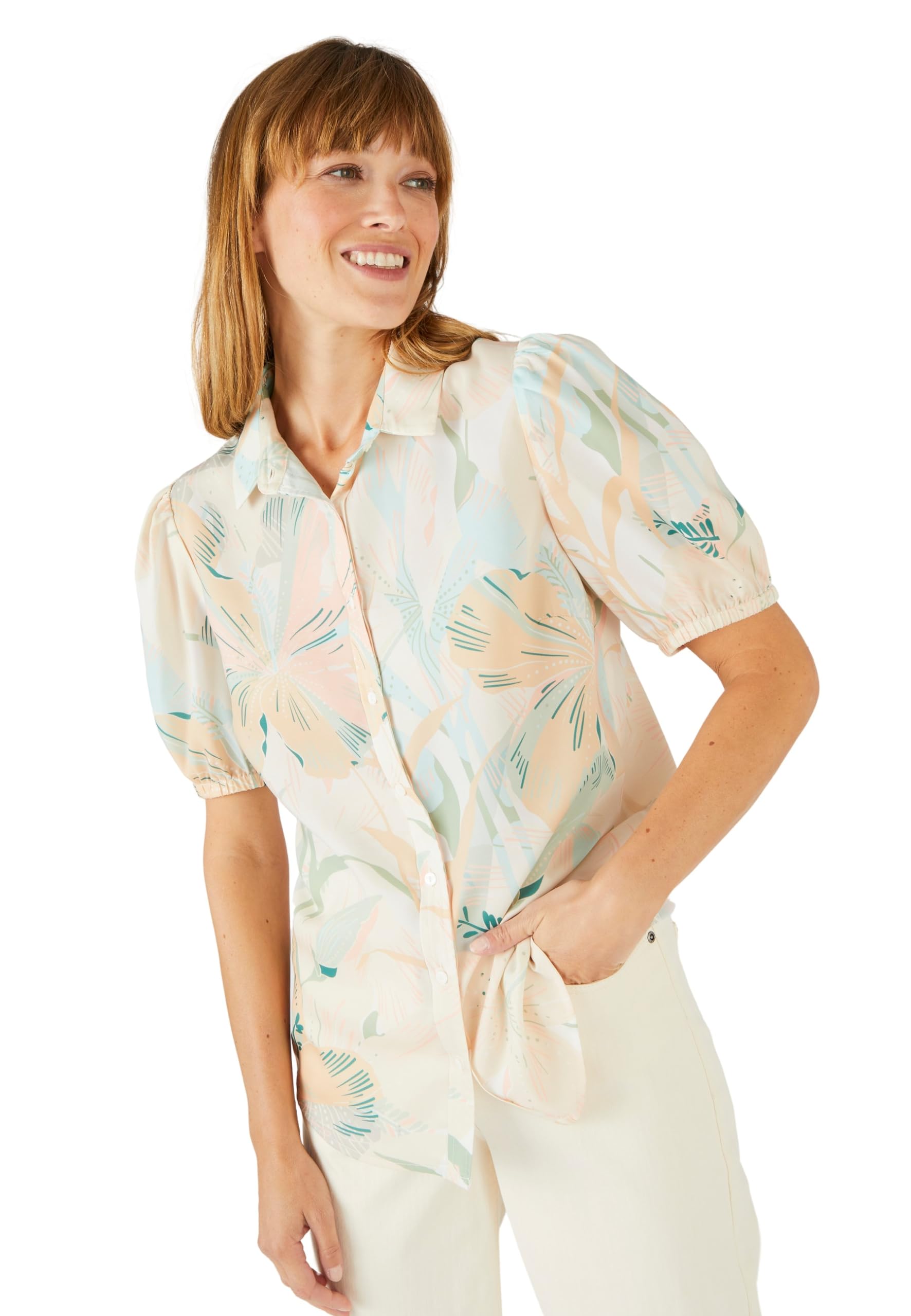 Damart Women's Beige Printed Shirt Shirt-Style Collar Short Sleeves