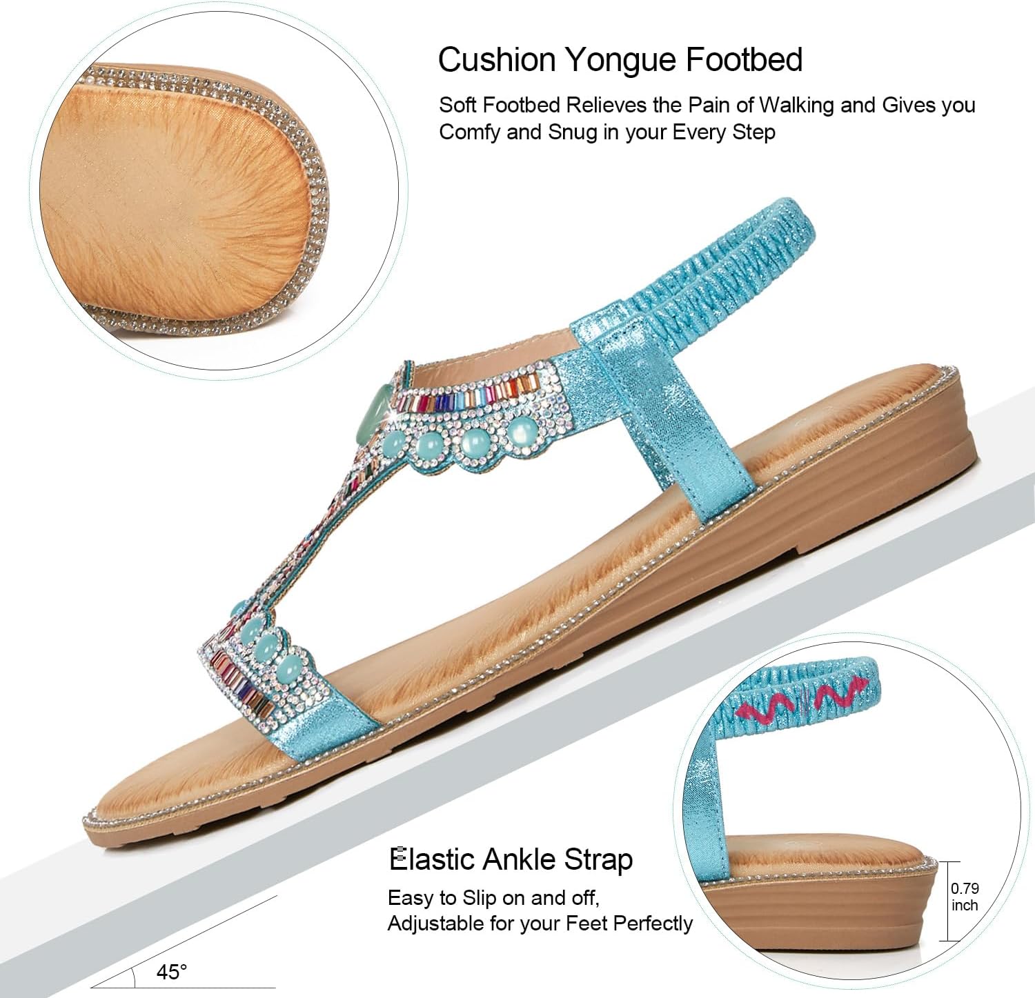 iCKER Women Rhinestone Sandals T-Strap Buckle Bohemian Pearl Crystal Flat Sandals - Image 3