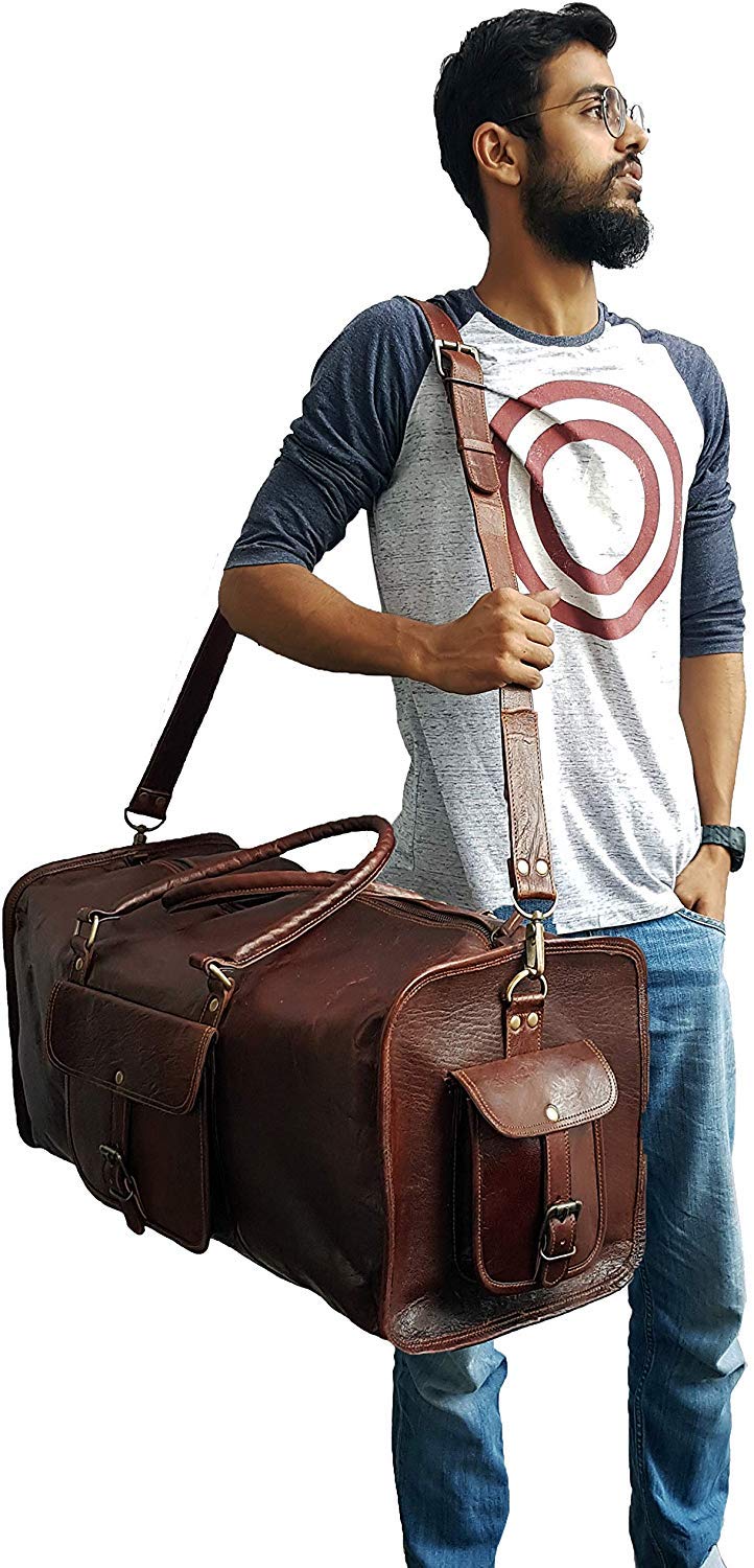 60 Cm Bolso Bolsa Viaje Veliz Equipaje De Cuero Piel Grande Vintage para Cabina Fin Semana Gimnasio Deportes Carry-On Hombre Y Mujer