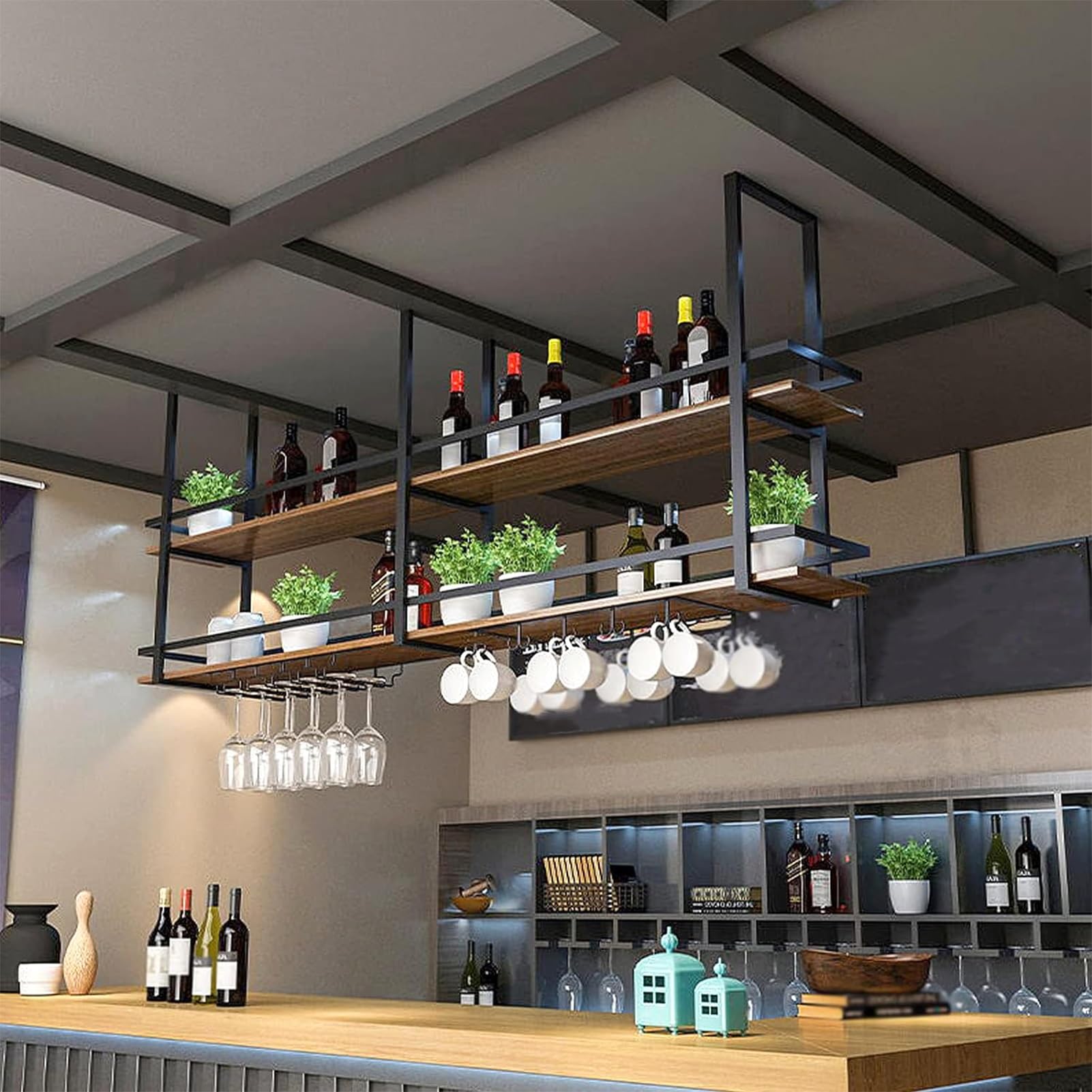 Étagère à vin en métal pour plafond avec support de verres suspendu