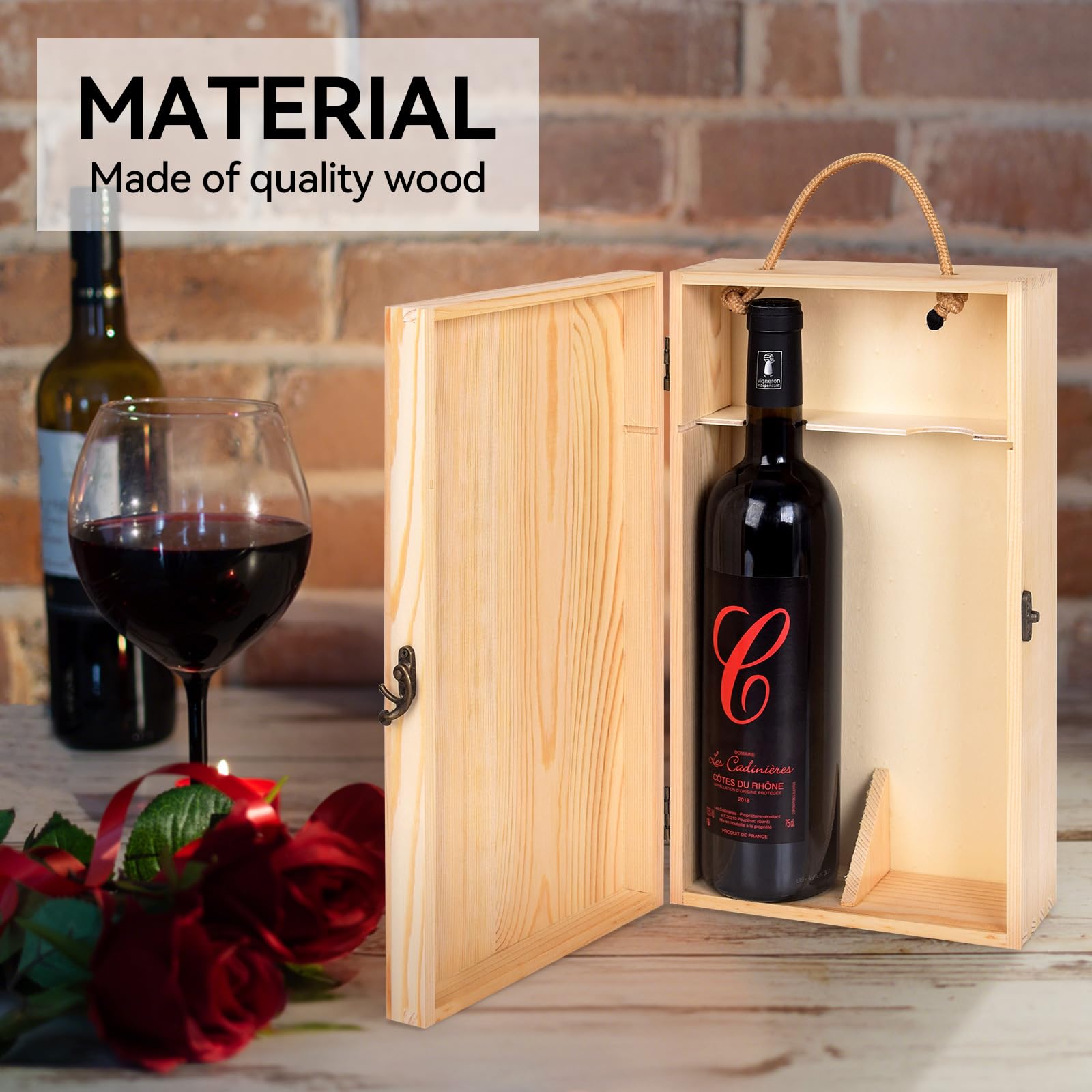 CNZOOEJIA 1 Premium Wooden Wine Gift Box for 2 Bottles - Elegant Rope Handle, Reusable & Sturdy Case for Weddings, Parties, Housewarming Gifts (Double Bottle)