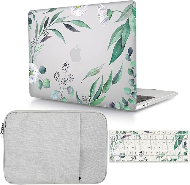 Case Compatible MacBook Air 13 Inch 2020 2019 2018 Release A2337 M1/ A2179/A1932 with Retina Display Touch ID,Plastic Hard Shell Case, Sleeve Bag & Keyboard Cover - Green Leaf