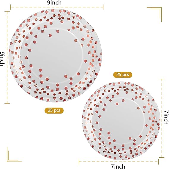 Nkaiso Disposable Paper Plates 50 Pack, Rose Gold Party Plates Dinner Set - 25x9inch & 25x7inch Plate Elegant Disposable Tableware for Birthday, Wedding, Christmas Party Supplies