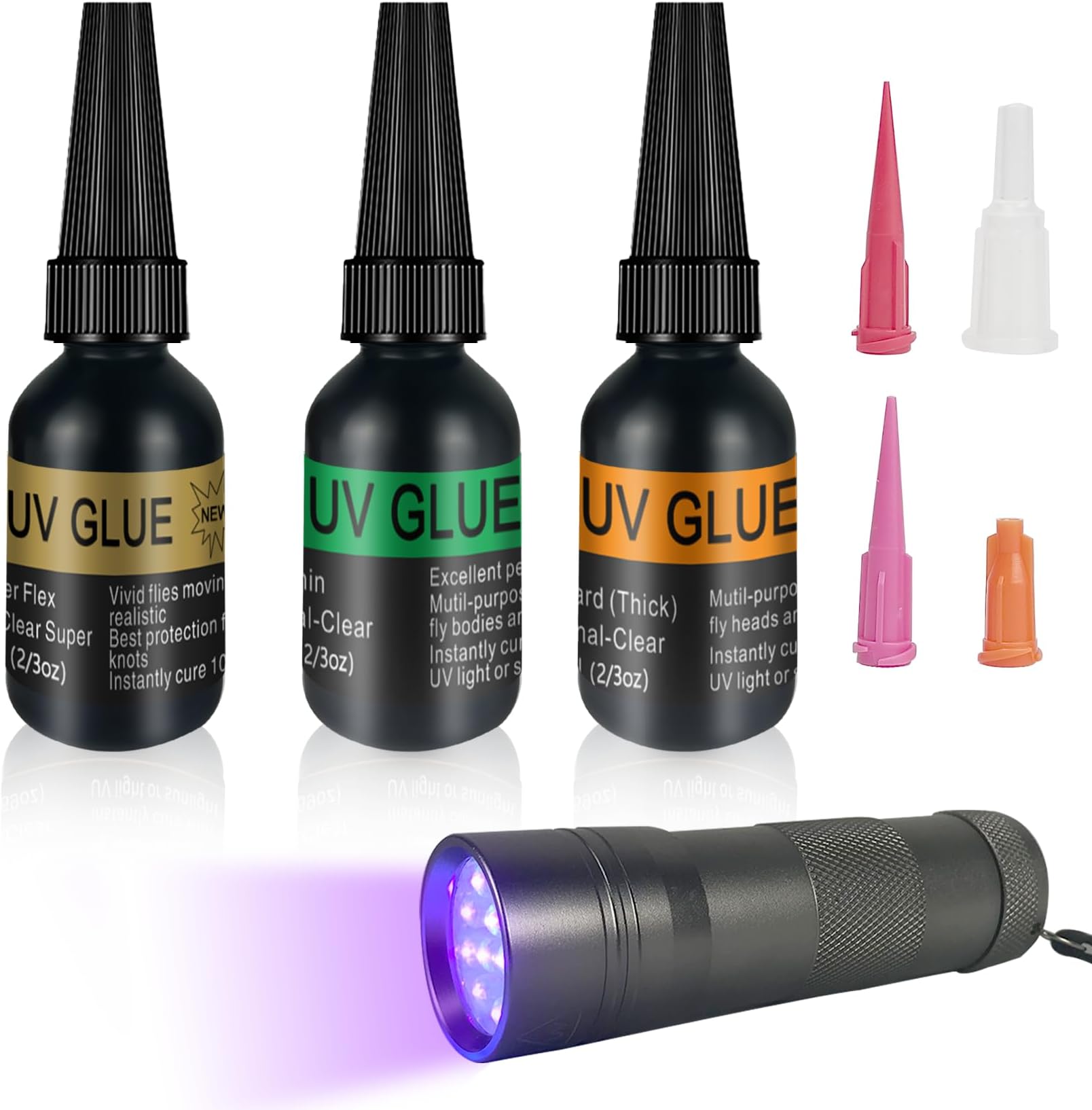 Riverruns UV Clear Glue Three Formula Thick,Thin and Super Flew +12 LED UV Power Light Fly Tying for Building Flies Flies Heads Bodies and Wings Tack Free Special Introductory Sale!
