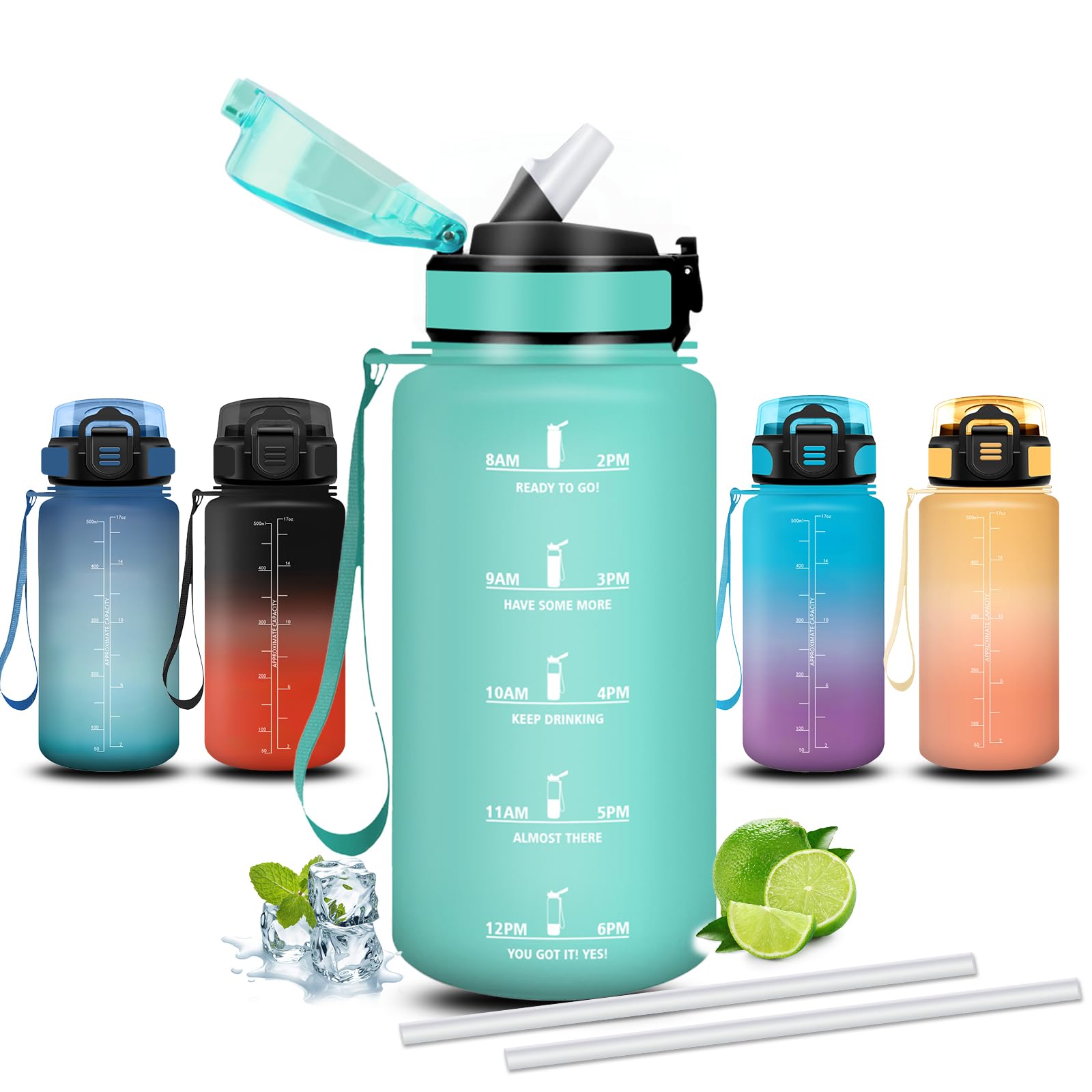 Mujigaga Kids Water Bottle 500ml Water Bottle with Straw Leakless Motivational Wide Mouth Motivational Slogan Water Bottles for School Camping Running Work