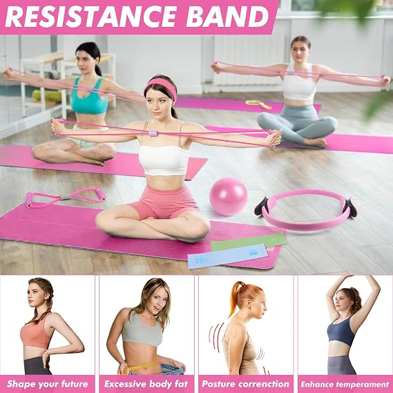 Pilates Ring Equipment Set, Including Pilates Ring & Ball Exercise Bands Resistance Bands, Home Gym Fitness Equipment for Yoga, for Strength, Body Toning, Full Body Workout Kit Women and Men