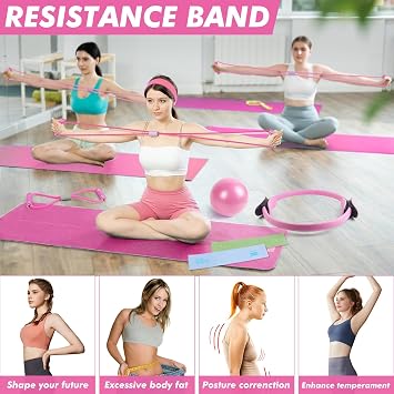 Pilates Ring Equipment Set, Including Pilates Ring & Ball Exercise Bands Resistance Bands, Home Gym Fitness Equipment for Yoga, for Strength, Body Toning, Full Body Workout Kit Women and Men