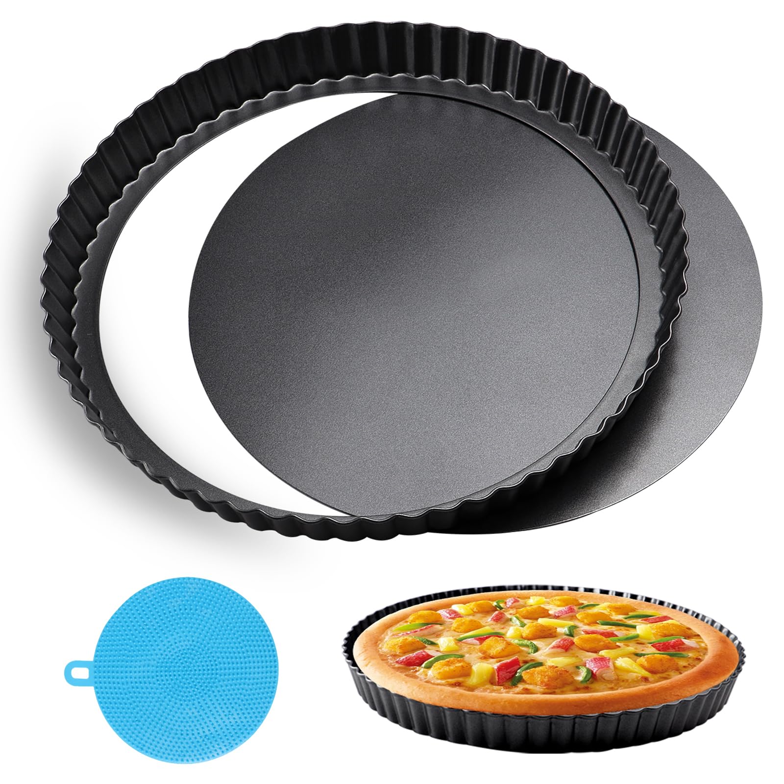 Moules à Quiche AKOLAFE - Lot De 3 (20, 24, 28 Cm) - Fond Amovible Et Anti-Adhésif - Pour Tartes Et Pizzas