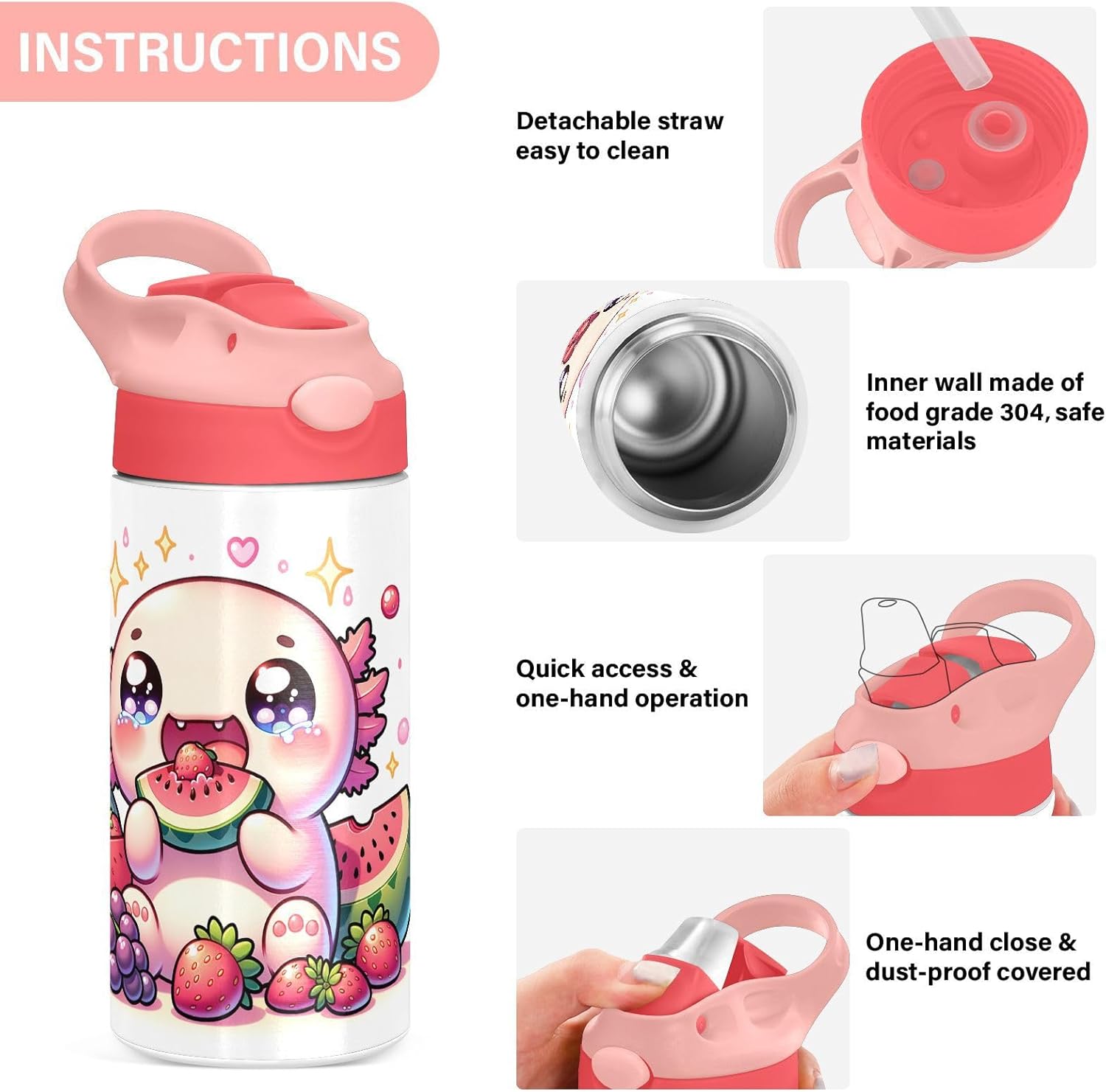 Axolotl Eat Fruits Cartoon Insulated Water Bottle with Straw Handle for Kids 12 OZ Cute Kawaii Stainless Steel Vacuum Insulated Cup for Hot and Cold Drinks Travel Tumbler for Toddler Girls - Image 3