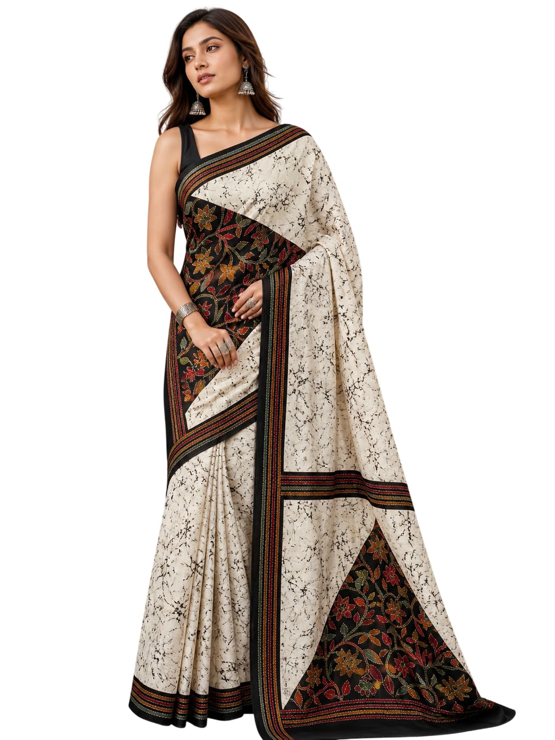 SHINE BOUTIQUE Women's Kantha Batik Print Saree with Blouse Piece, Cream and Black, with Floral Border, Ethnic Wear, Traditional Indian Style-image-22