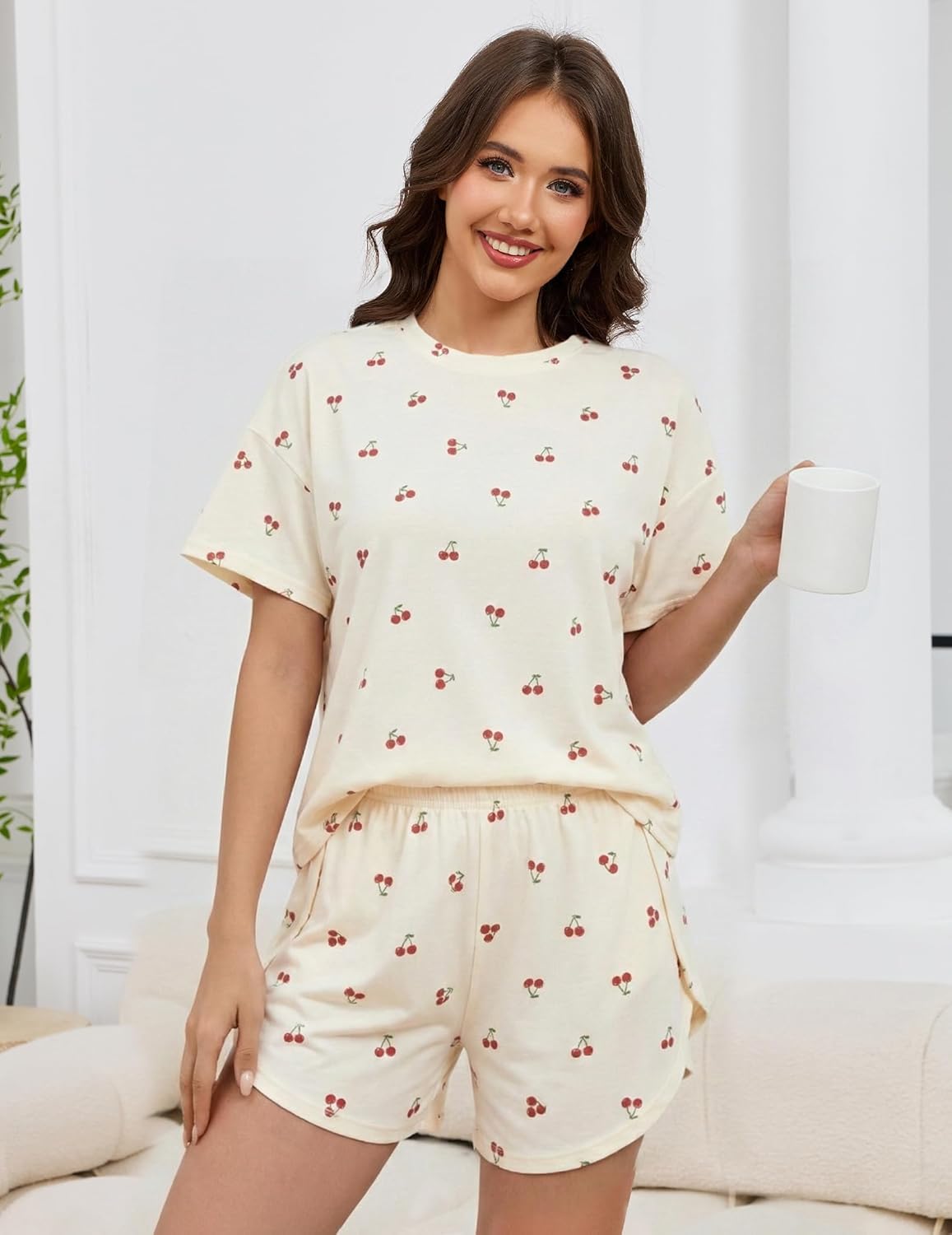 Womens Pajama Sets Striped Print Two Piece Lounge Set Crew Neck Short Sleeve Tee and Side Split Shorts Sleepwear - Image 2