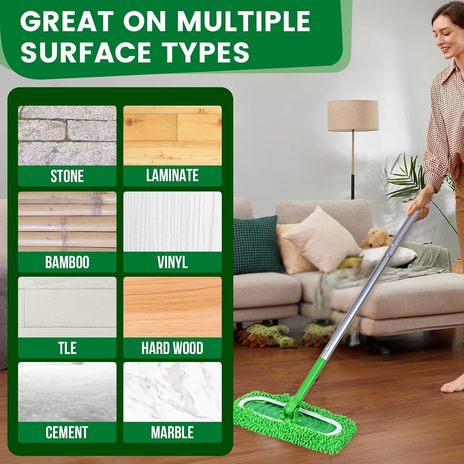 Reusable Microfiber Mop Pads, 3Pcs Replacement Compatible with Swiffer Sweeper Mop, Refills & Washable Dry Sweeping Cloths for Surface Hardwood Floor Cleaning(Grass Green)