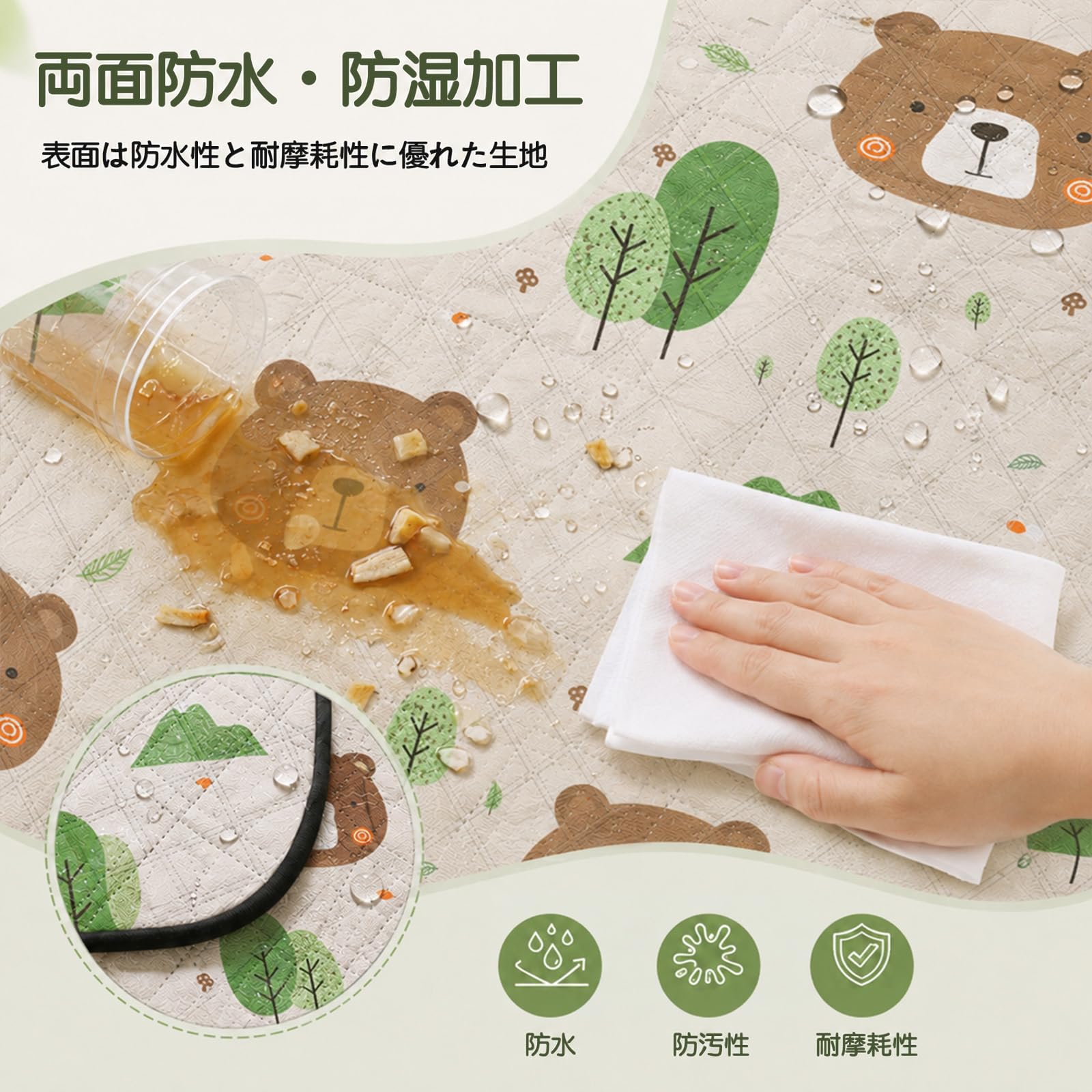 Yunora レジャーシート 厚手 ピクニックマット 両面防水 3層構造 大判 150*200cm 200*200cm 子供用 可愛い柄 レジャー 運動会 ピクニックマット 花見 遠足 たたみやすい 卷き取り式 収納可 (クマ, 150*200cm)
