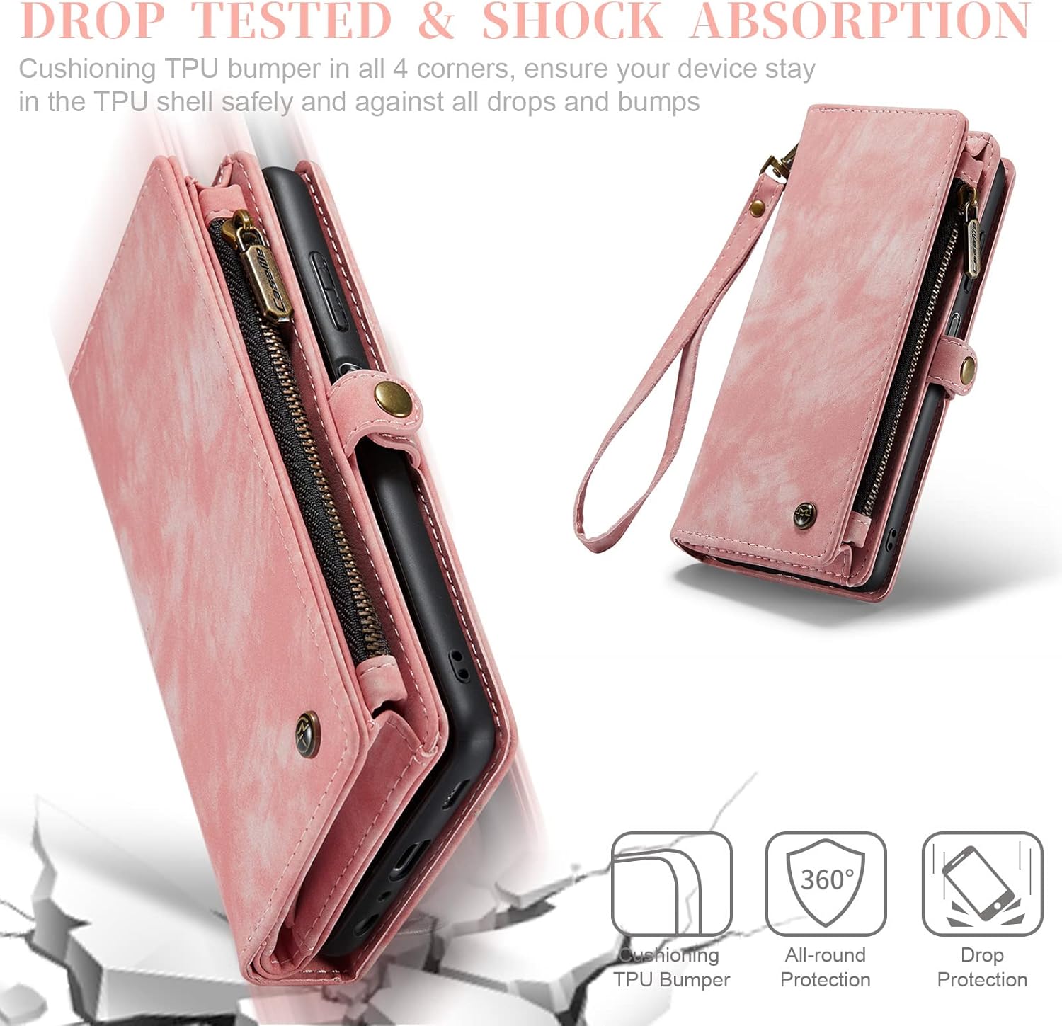 Case for Samsung Galaxy A12, Genuine Leather Wallet Detachable Magnetic Cell Phone Cover Zipper Purse RFID Blocking Card Slot Holster for Samsung Galaxy A12 5G 2021 (Pink)