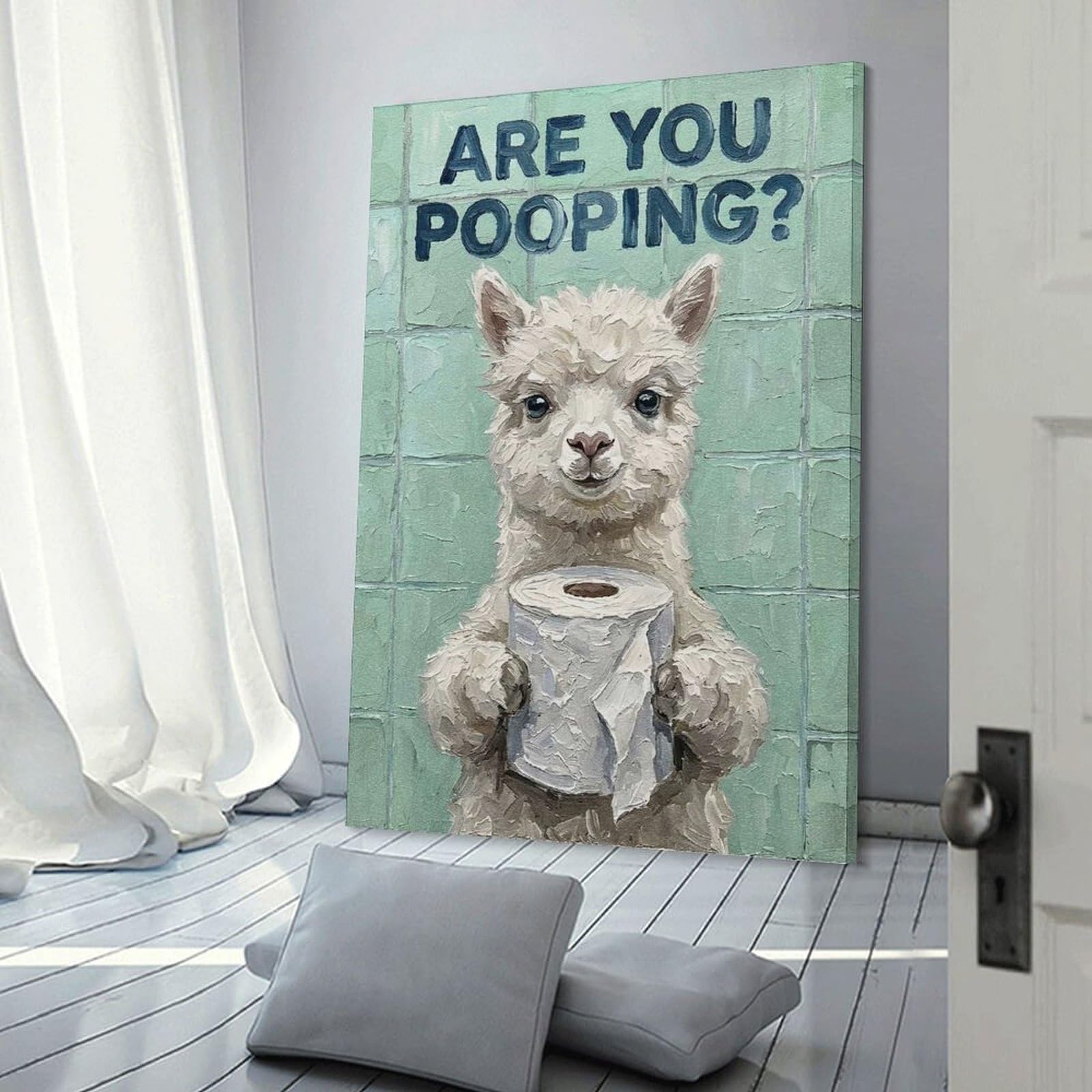 Junmoney Hanging Wall Art Are You Pooping Alpaca Bathroom Art, 24x36inch(60x90cm), for Wall Displays, Bedrooms Or Room Updates, Wall Decor Suited to Curated Displays
