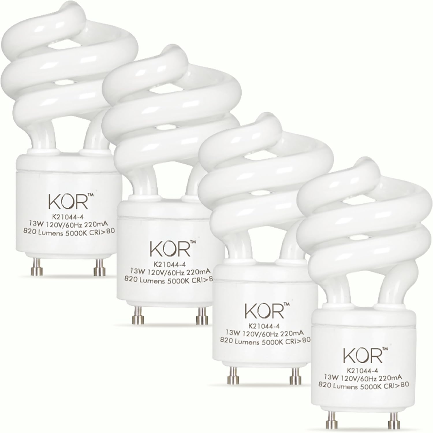 KOR (4 Pack) 13 Watt Mini Spiral - GU24 Base - (60W Equivalent) - T2 Mini-Twist - CFL Light Bulb (Bright White (5000K), CFL)