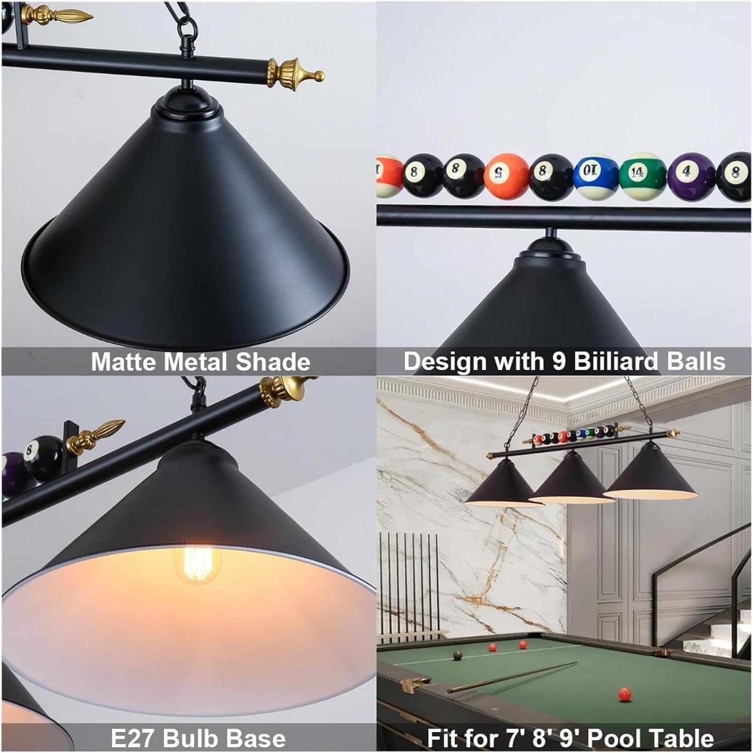 Pool Table Light,47" Billiard Pool Table Lights for 7' 8' 9' Table,Billiard Lights Over Pool Table Lighting Fixture with 9 Real Billiard Balls Decor for Restaurant,Game Room,Kitchen Island