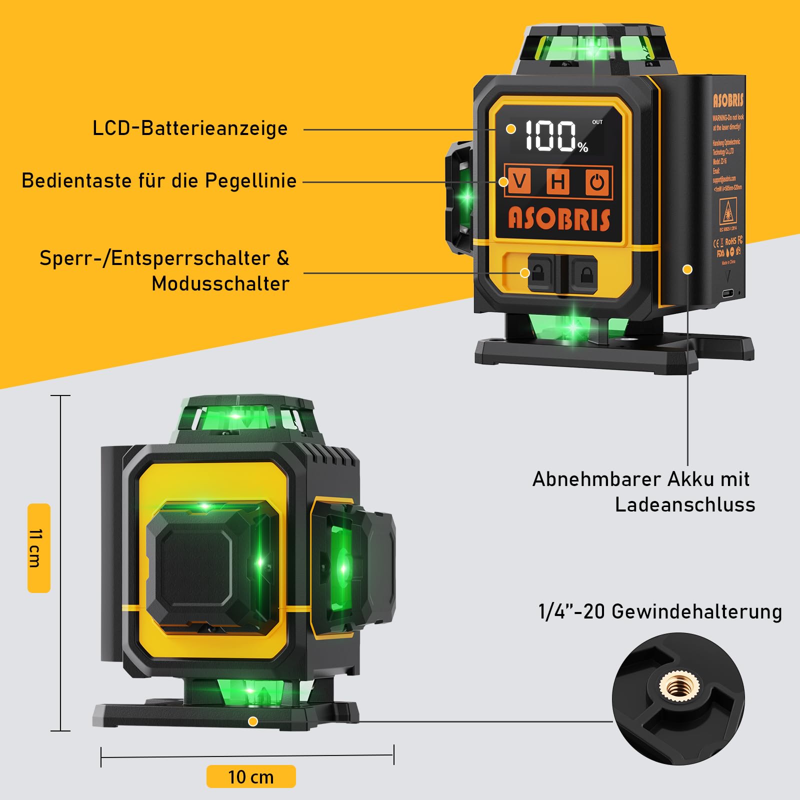 Kreuzlinienlaser mit Stativ,ASOBRIS 16 Linienlaser Selbstnivellierend Laser Wasserwaage mit 2x2400mAh Batterien,Fernbedienung&LED-Anzeige,4x360 Grad Nivellierlaser Laser Level kreuzlaser (Gelb)