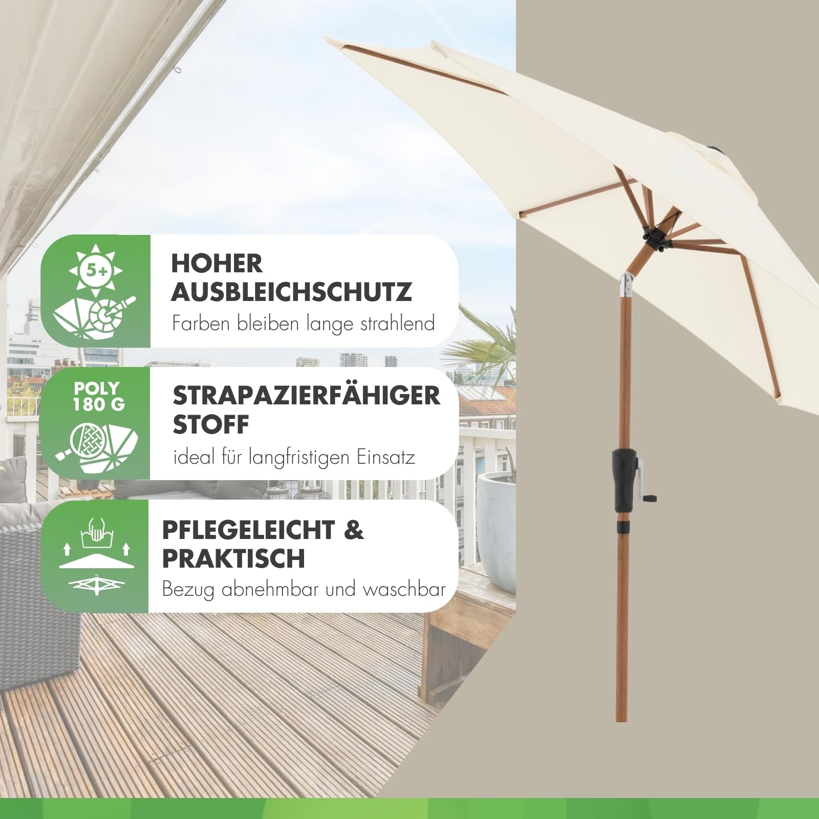 Doppler City Wood Balkonschirm, Mittelmast, 250 cm in verschiedenen Farben