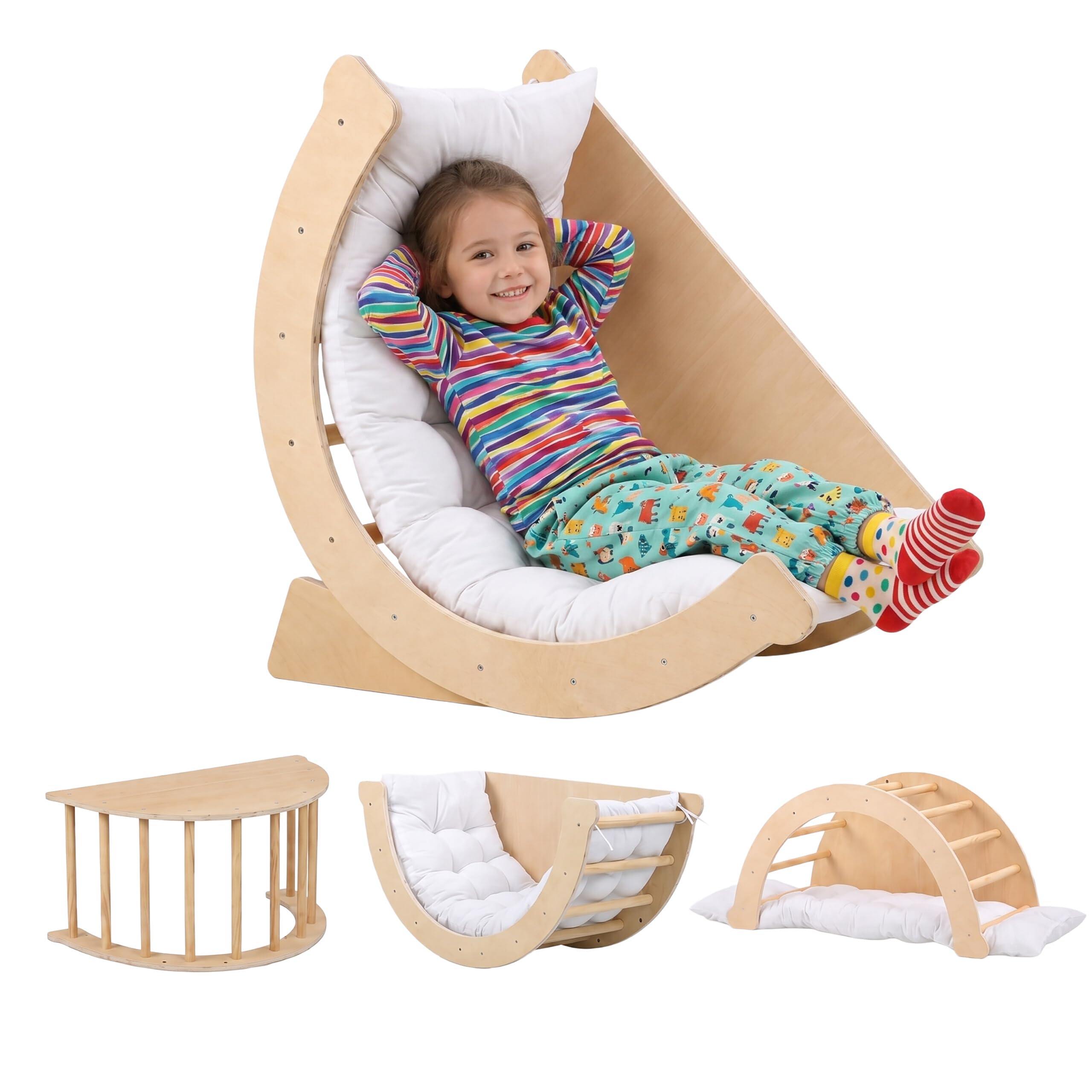 Relaxdays Kletterbogen für Kinder, ab 18 Monaten, Holz, Kissen, Natur/weiß