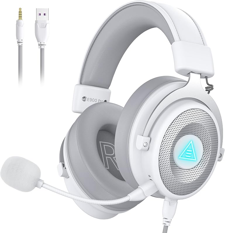 EKSA Auriculares USB para juegos para PC, auriculares para juegos de computadora con micrófono desmontable con cancelación de ruido, sonido envolvente 7.1, controlador de 50 mm, auriculares con cable para PS4 PS5, Xbox One, computadora portátil (blanco)
