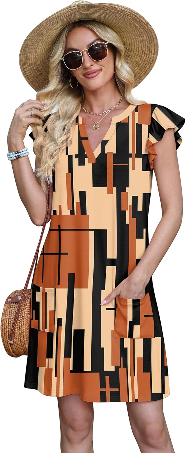 OFEEFAN Spring Summer Dresses for Women 2026 Casual Ruffle Sleeve V Neck Loose Swing Sundresses with Pockets Plain/Print - Image 3