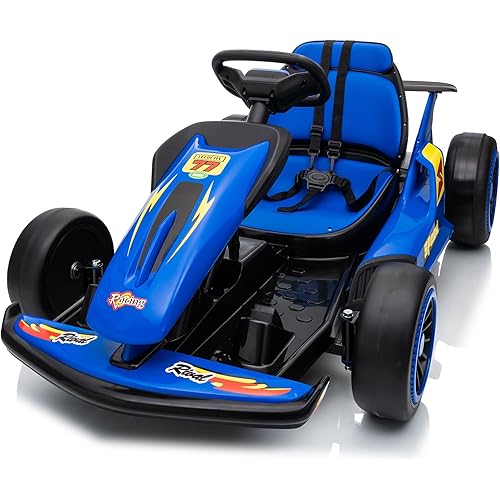 24V Electric Go Kart, Drift Car Outdoor Ride on Toy with EVA Tires, 400W Motor, 8.1 MPH, Music, Wireless, Drift Mode and 2 Speed, Crazy Go Cart for Kids 6-12 Years Old (Blue)