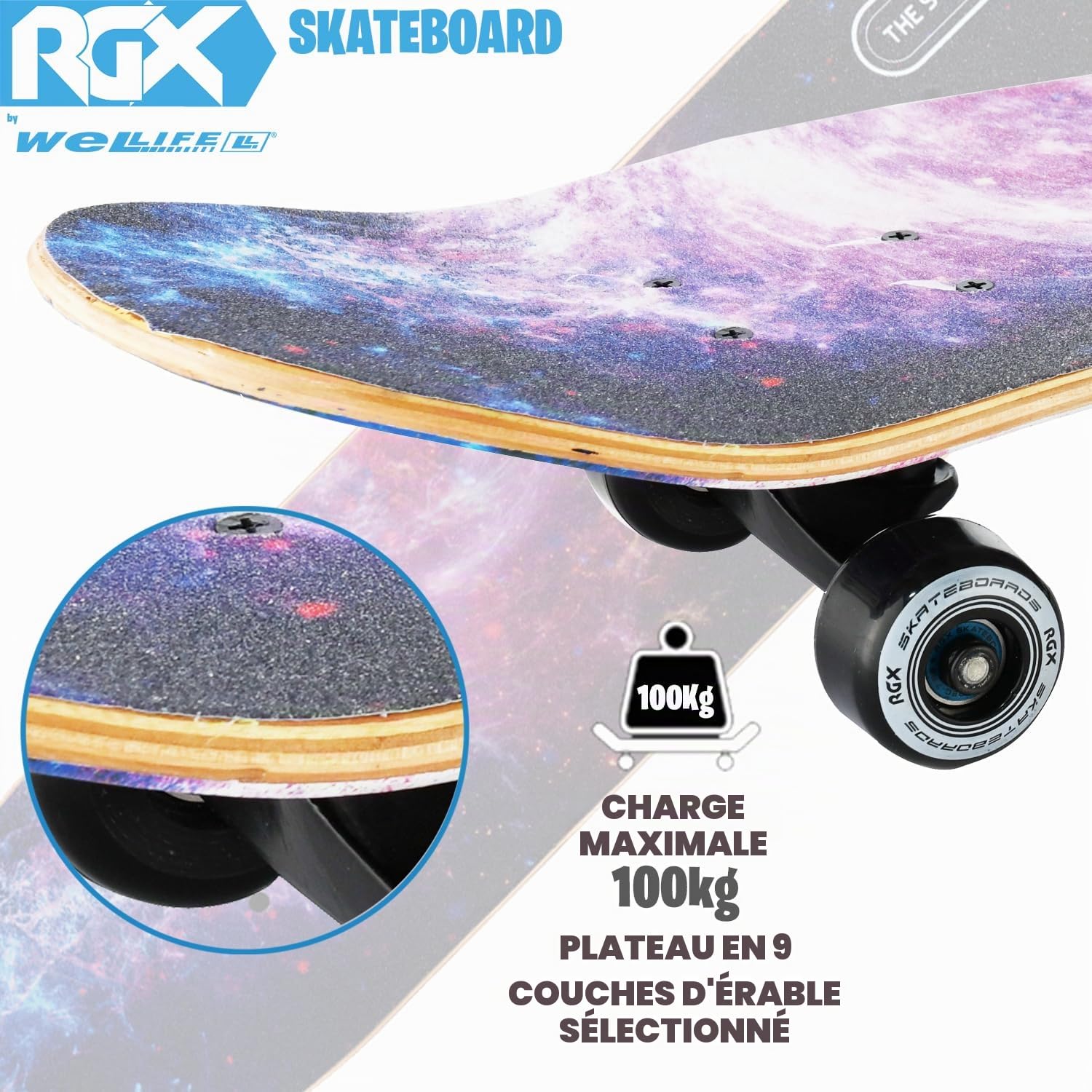 WeLLIFE - Skateboard RGX 79 x 20 cm en 9 couches d'érable, design concave de roue PU 54 x 36 mm, super lisse pour enfants, jeunes adultes, roulement ABEC-7RS