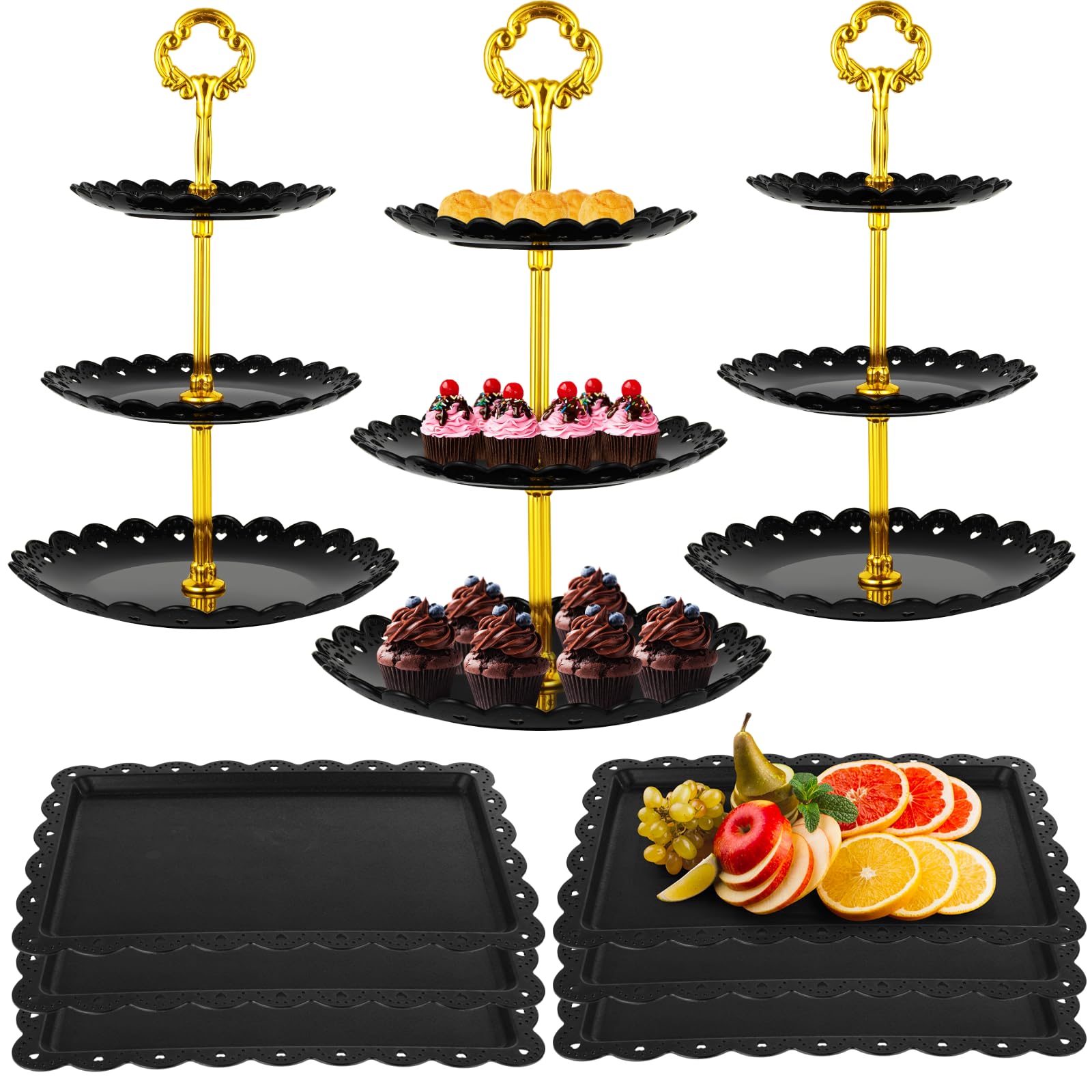 Set di 9 espositori da dessert da tavola, 3 supporti per cupcake a 3 livelli e 6 vassoi quadrati da dessert, eleganti vassoi per frutta per compleanni, matrimoni, tea party, Halloween