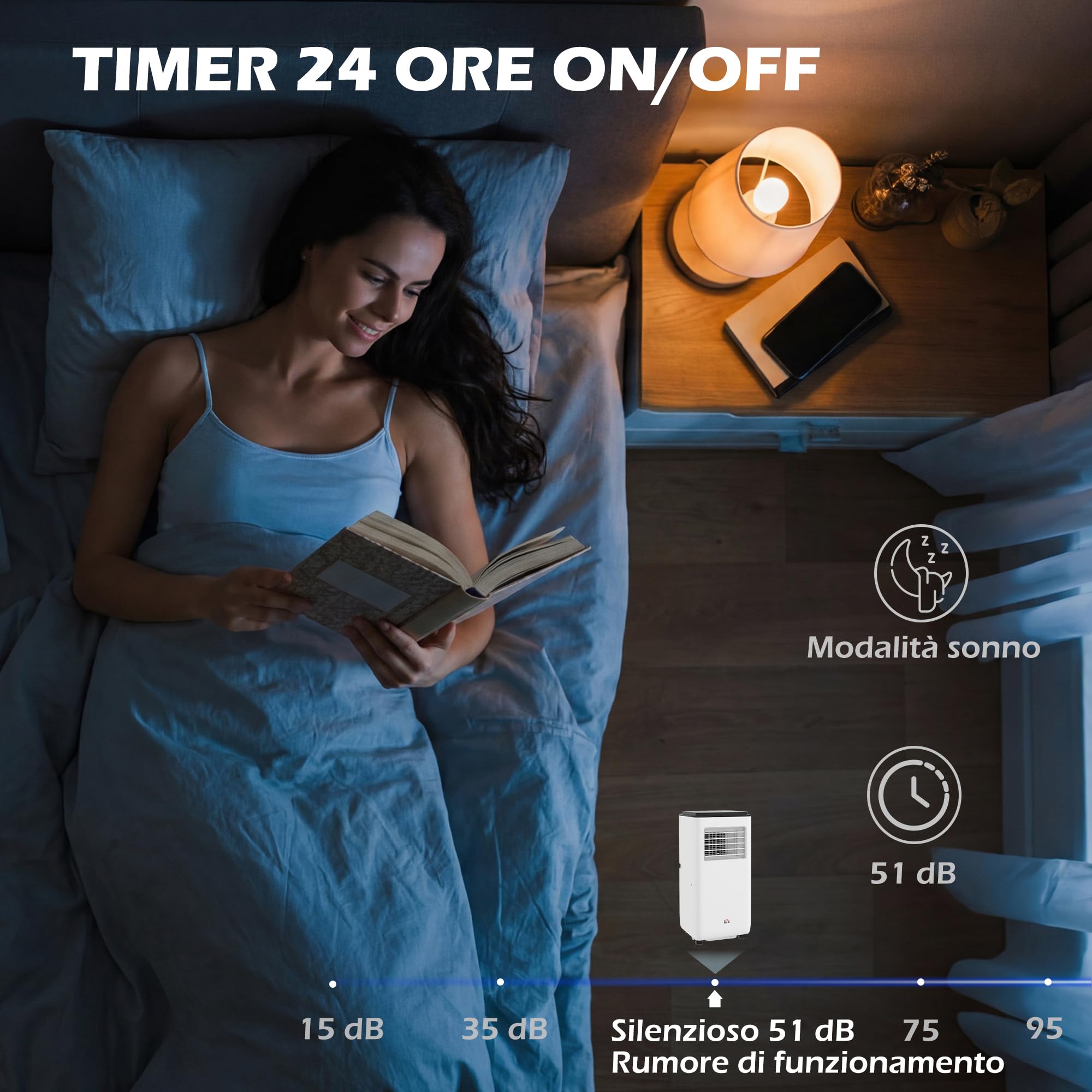 HOMCOM Condizionatore Portatile 7000BTU 2KW con Deumidificatore 3 in 1, 5 Modalità, 2 Velocità e Timer 24h, Climatizzatore Portatile con Display Digitale, Telecomando, Per Stanze Fino a 25㎡, Bianco